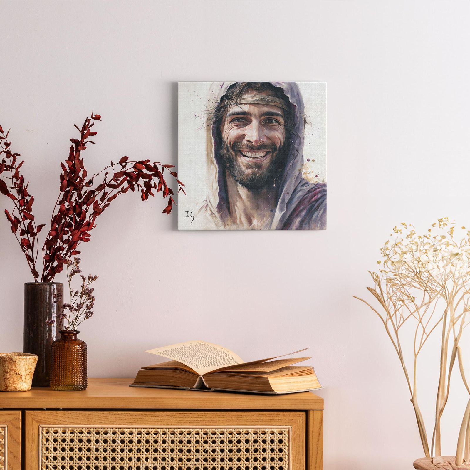Smiling Jesus portrait canvas print in cozy room with open Bible - inspirational Christian decor