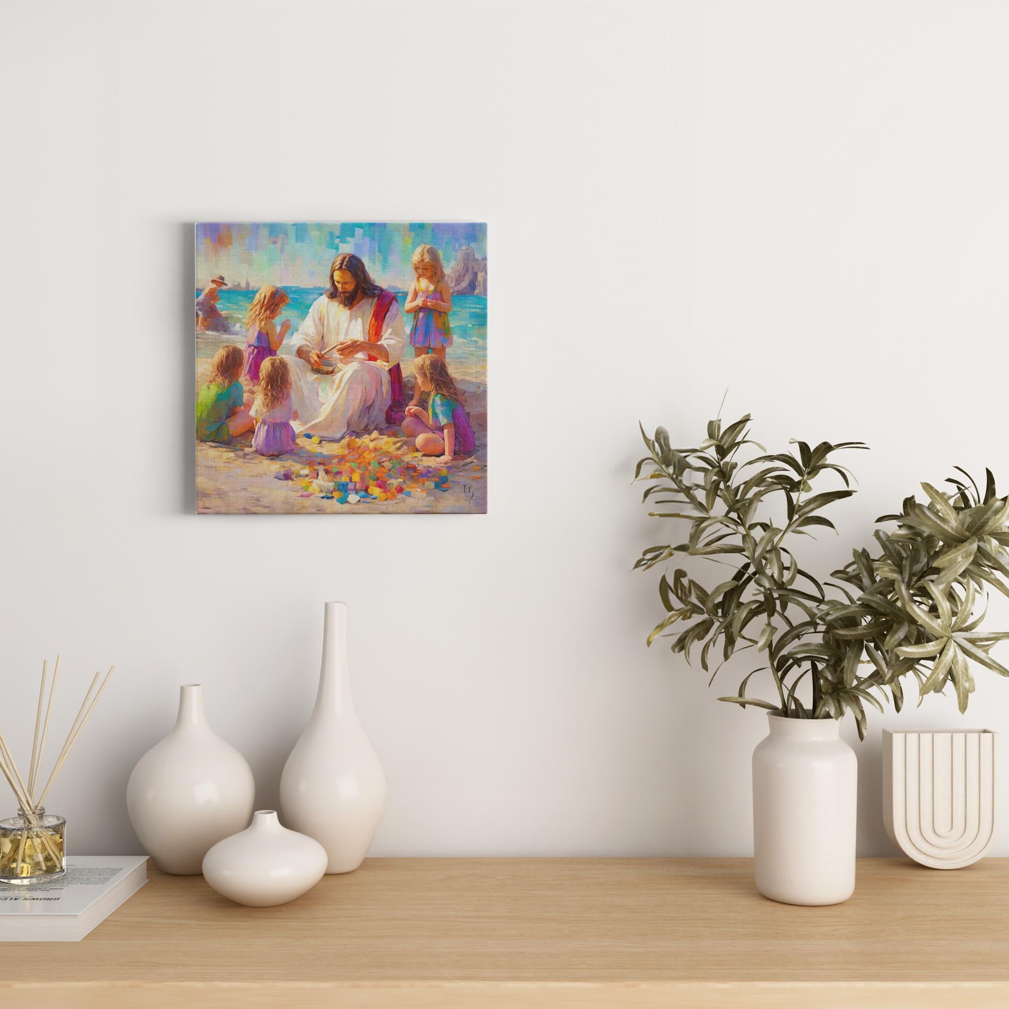 Sands of Serenity: Joyful Teachings artwork detail - smiling Jesus painting wall art