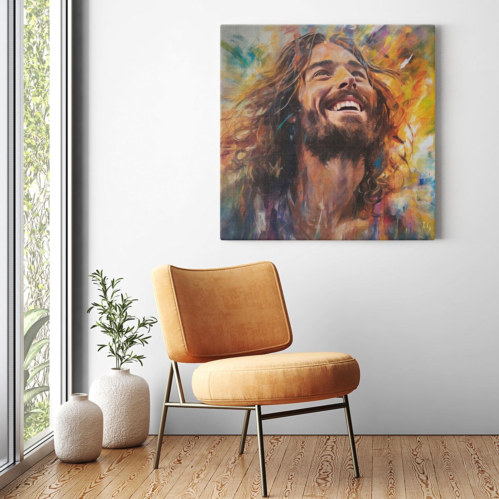 Jesus - Harmony of Hue and Heartbeat artwork detail - smiling Jesus painting wall art