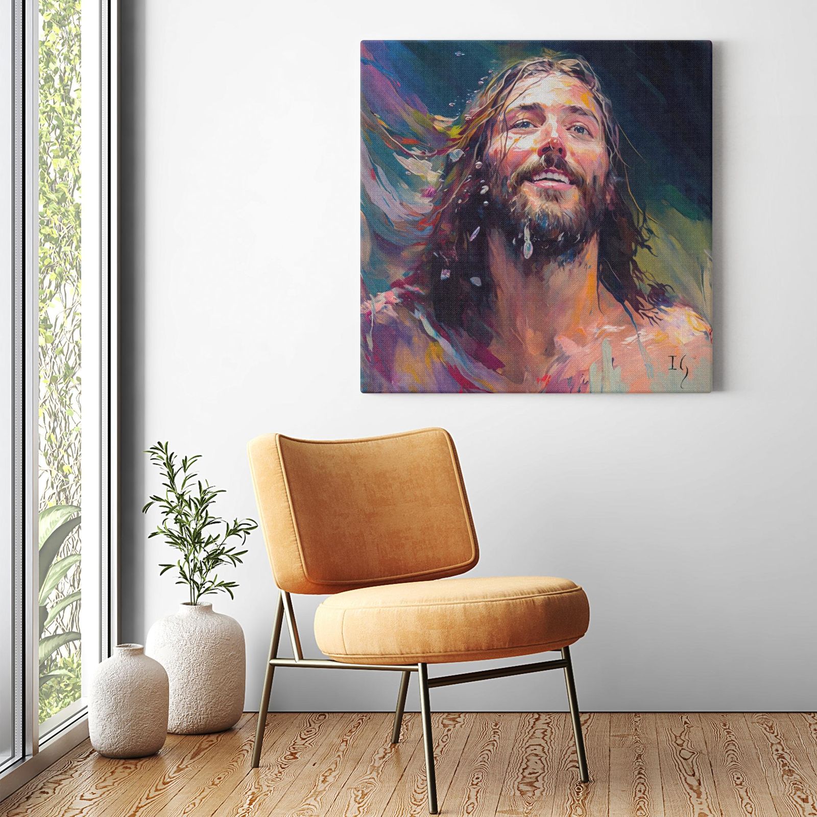 Jesus- Joyful Messiah artwork detail - smiling Jesus painting wall art