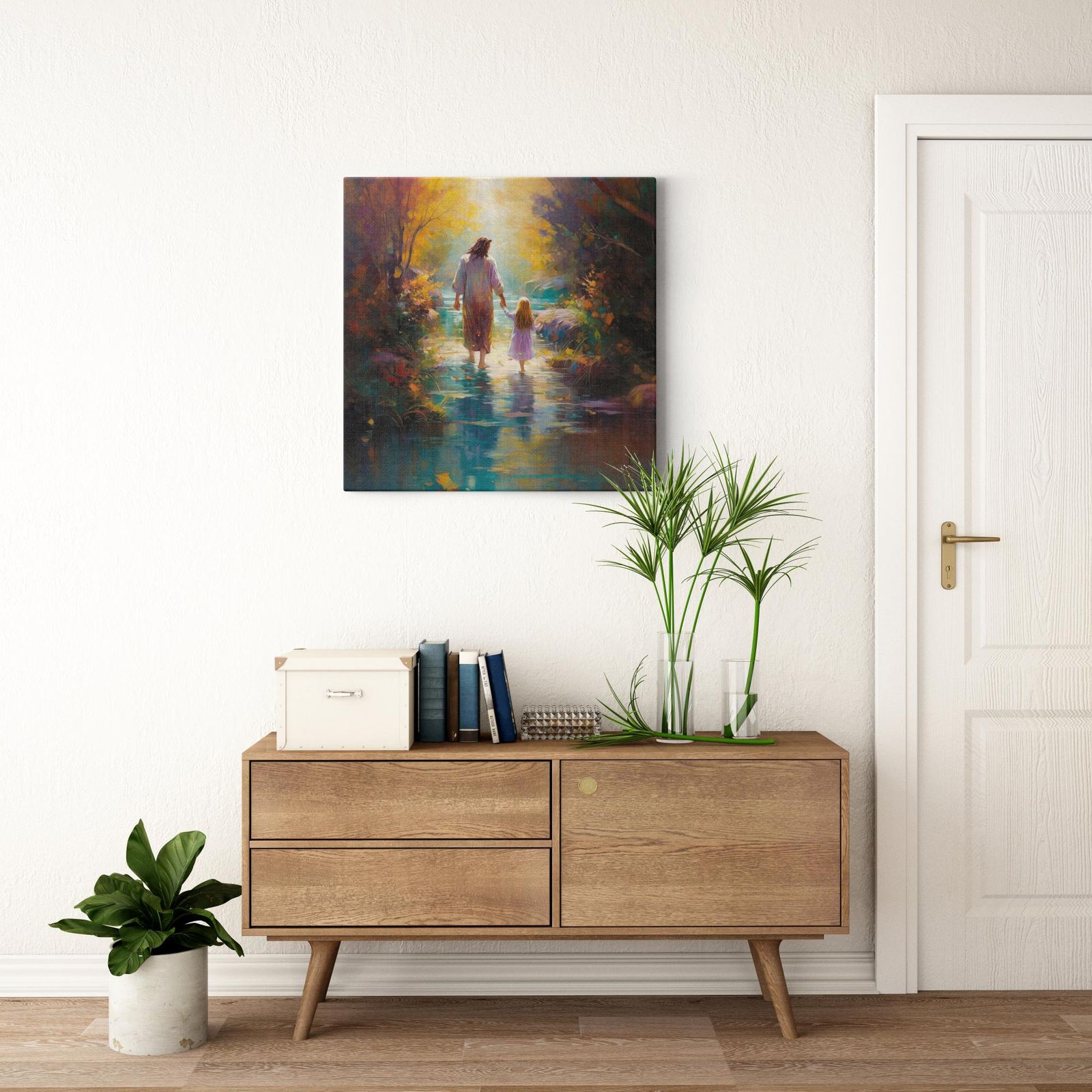 Autumn's Embrace: Walk of Whispers artwork detail - smiling Jesus painting wall art