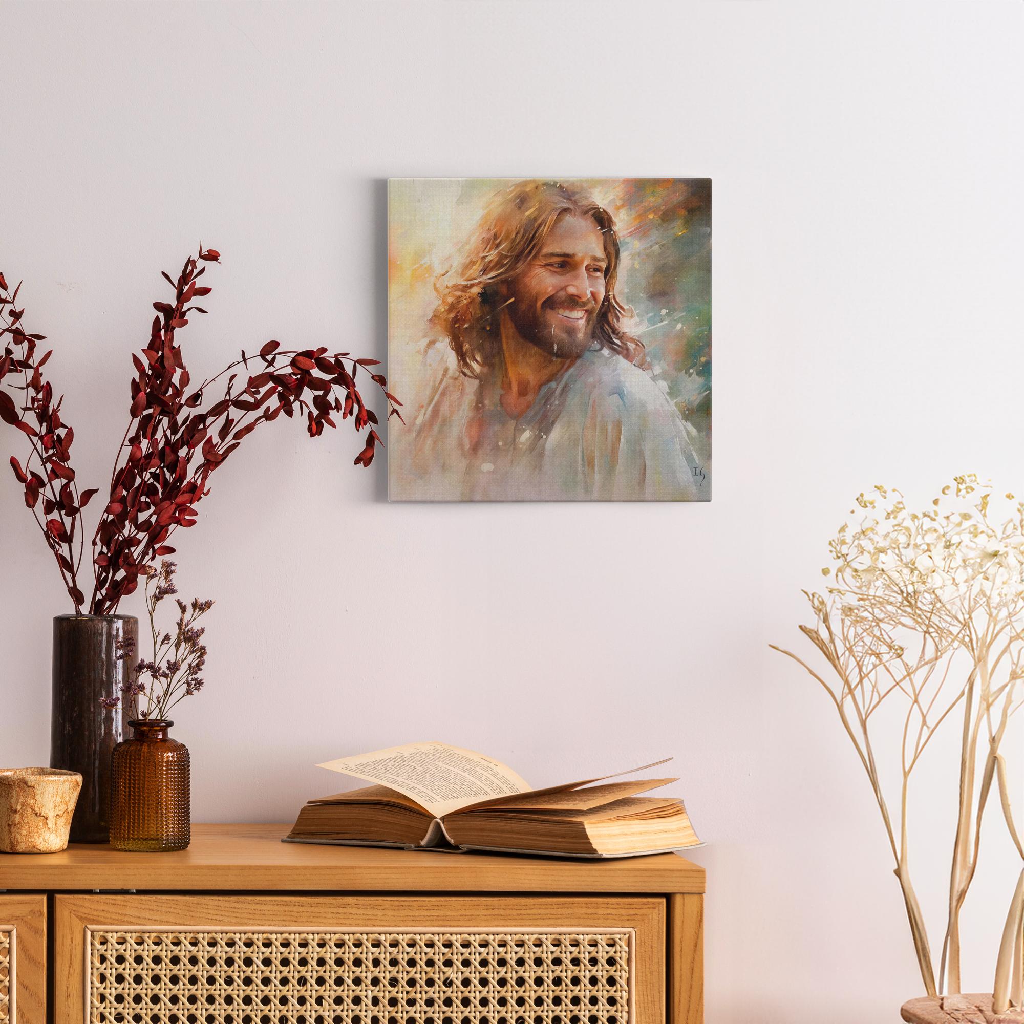 Jesus - Dawn's Gentle Embrace artwork detail - smiling Jesus painting wall art
