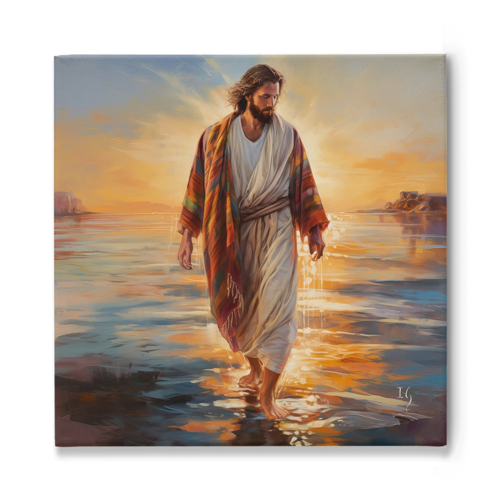Jesus' Serenity - Artistic portrayal of a serene figure walking on calm waters at sunset, dressed in a white robe and colorful striped cloak. Perfect for interior decor that inspires peace and spirituality.