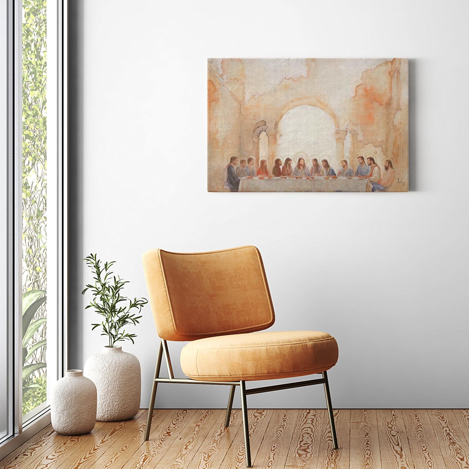 Last Supper Landscape - Celestial Light artwork detail - smiling Jesus painting wall art