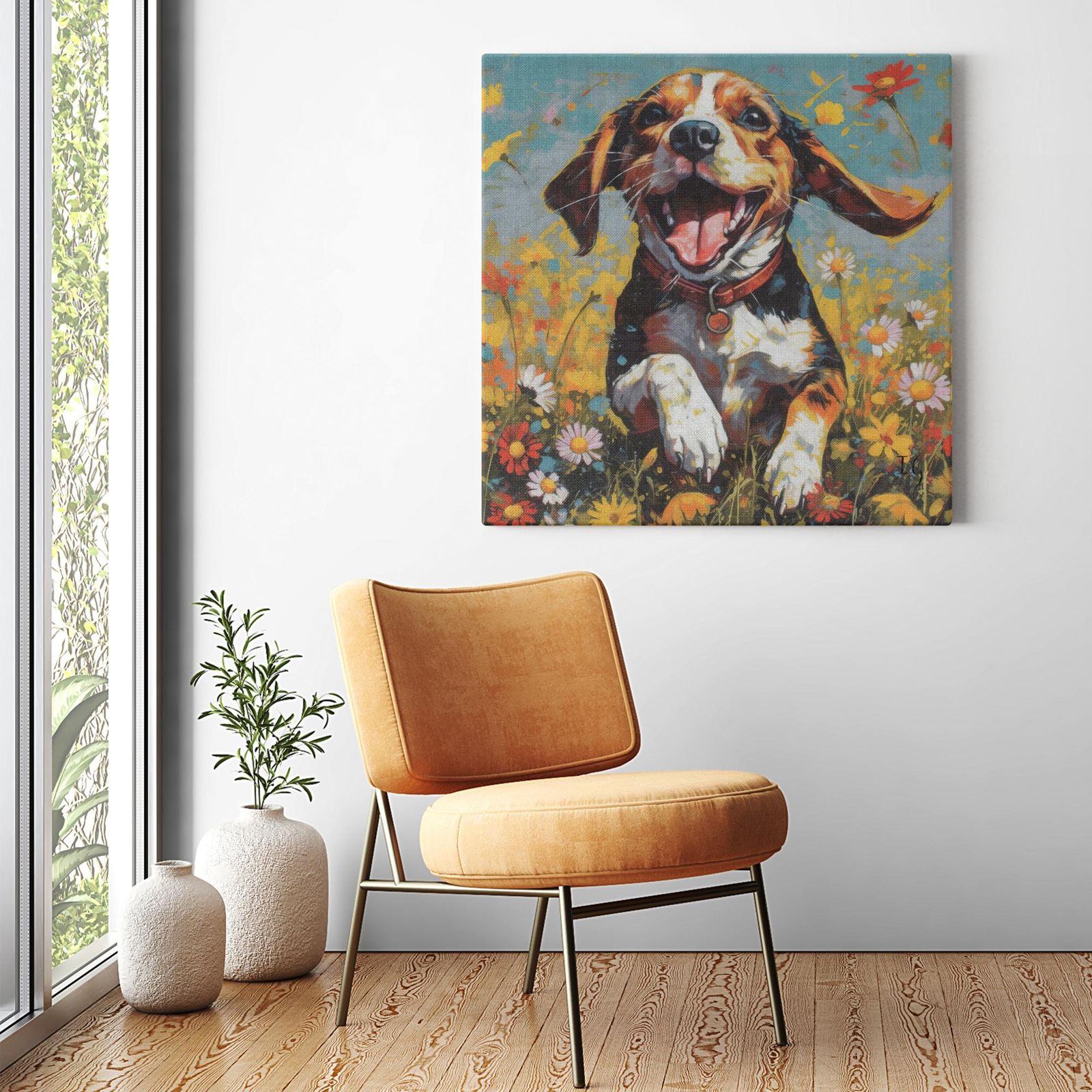 Daisy Field Frolic artwork detail - colorful pet portrait art wall art