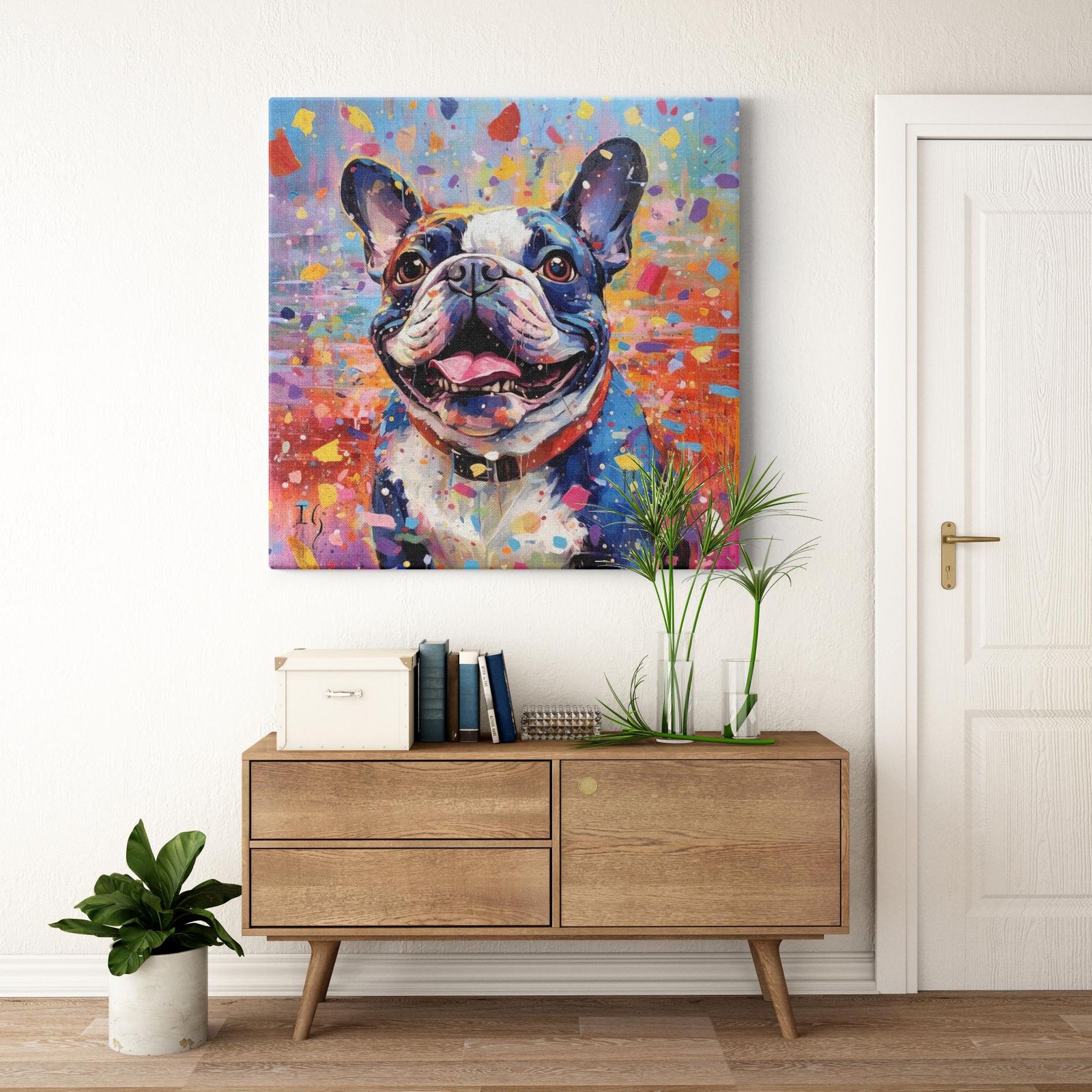Joie De Vivre - Playful Frenchie artwork detail - colorful pet portrait art wall art