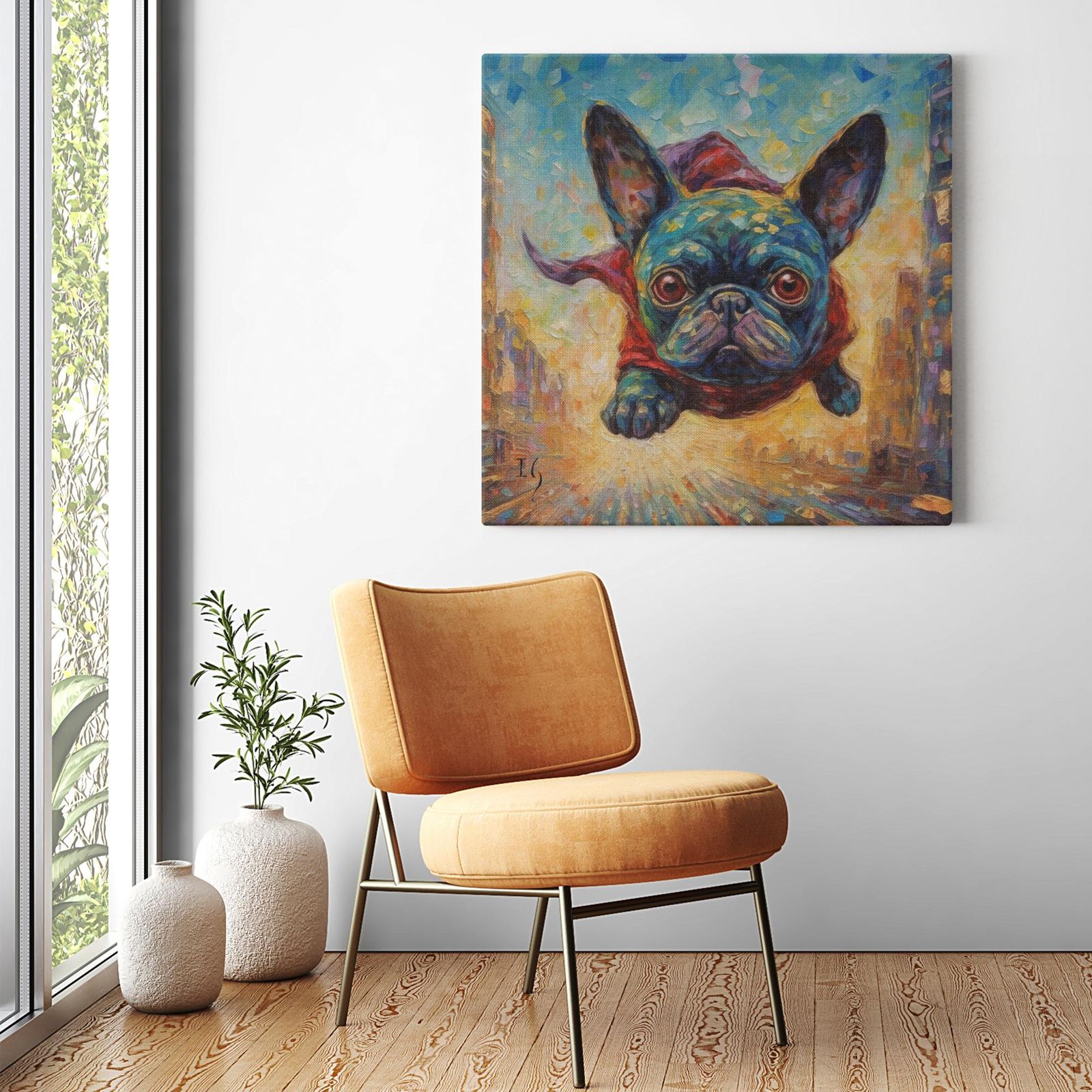 Flight of the Furry Hero artwork detail - colorful pet portrait art wall art