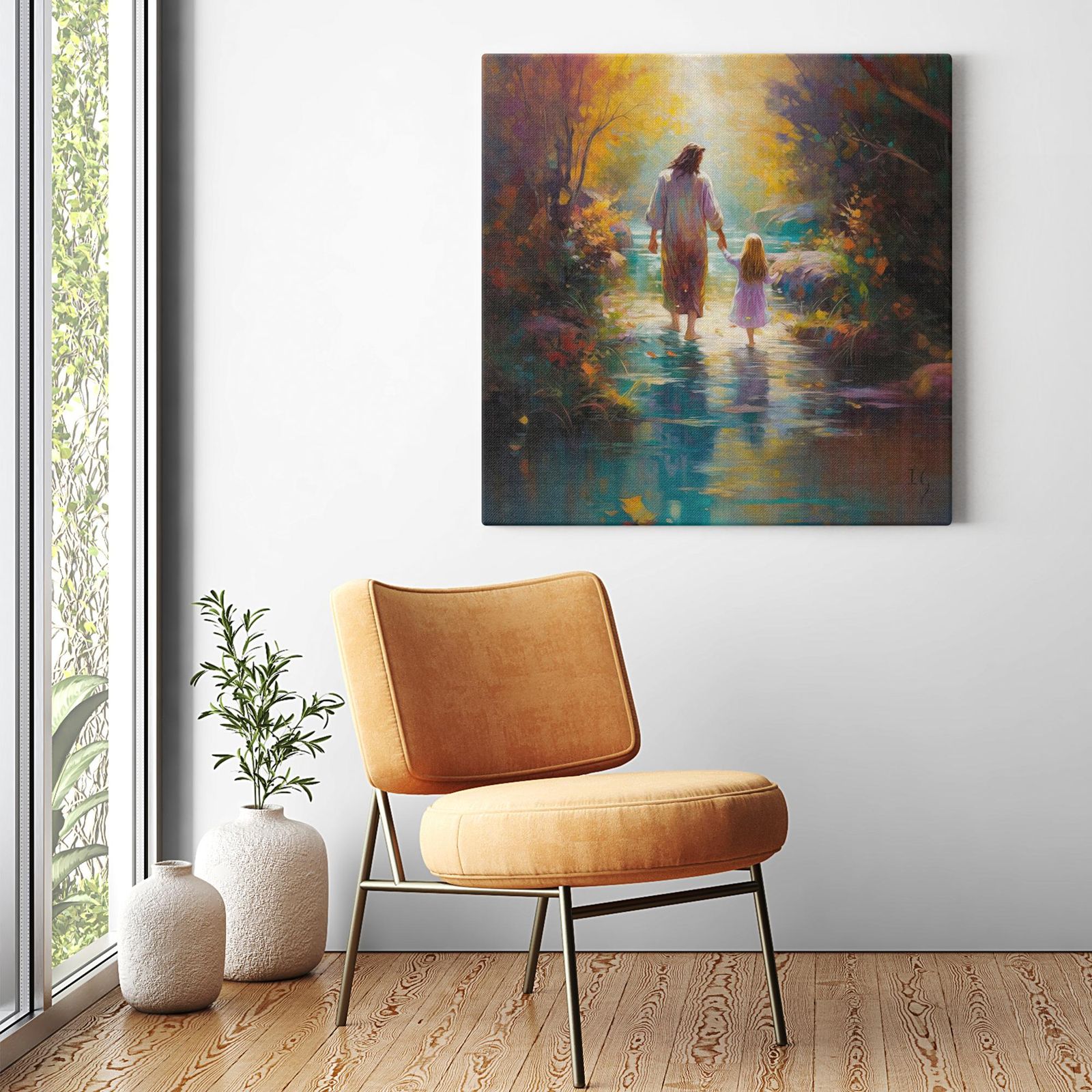 Autumn's Embrace: Walk of Whispers artwork detail - smiling Jesus painting wall art