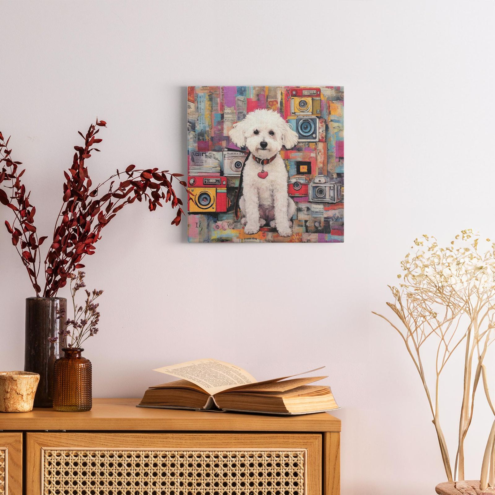 Canine Newsprint Chronicle artwork detail - colorful pet portrait art wall art