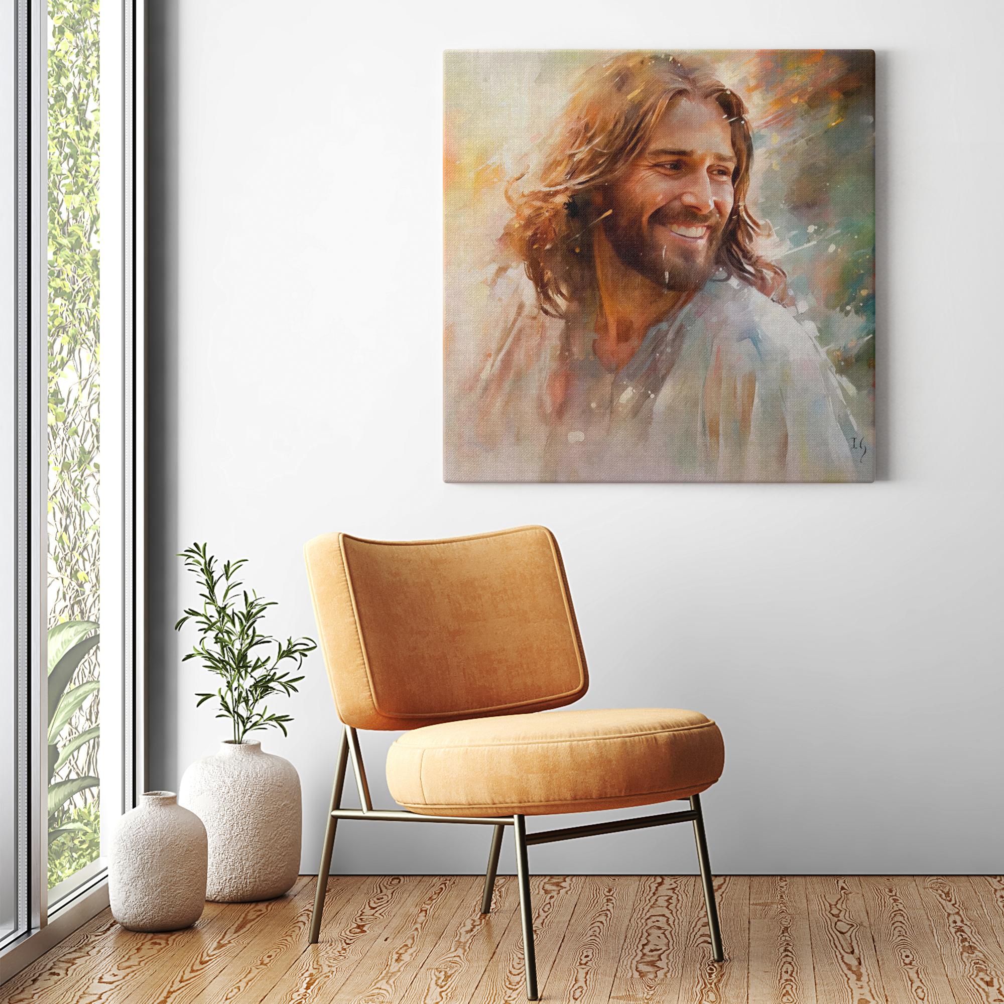 Jesus - Dawn's Gentle Embrace artwork detail - smiling Jesus painting wall art