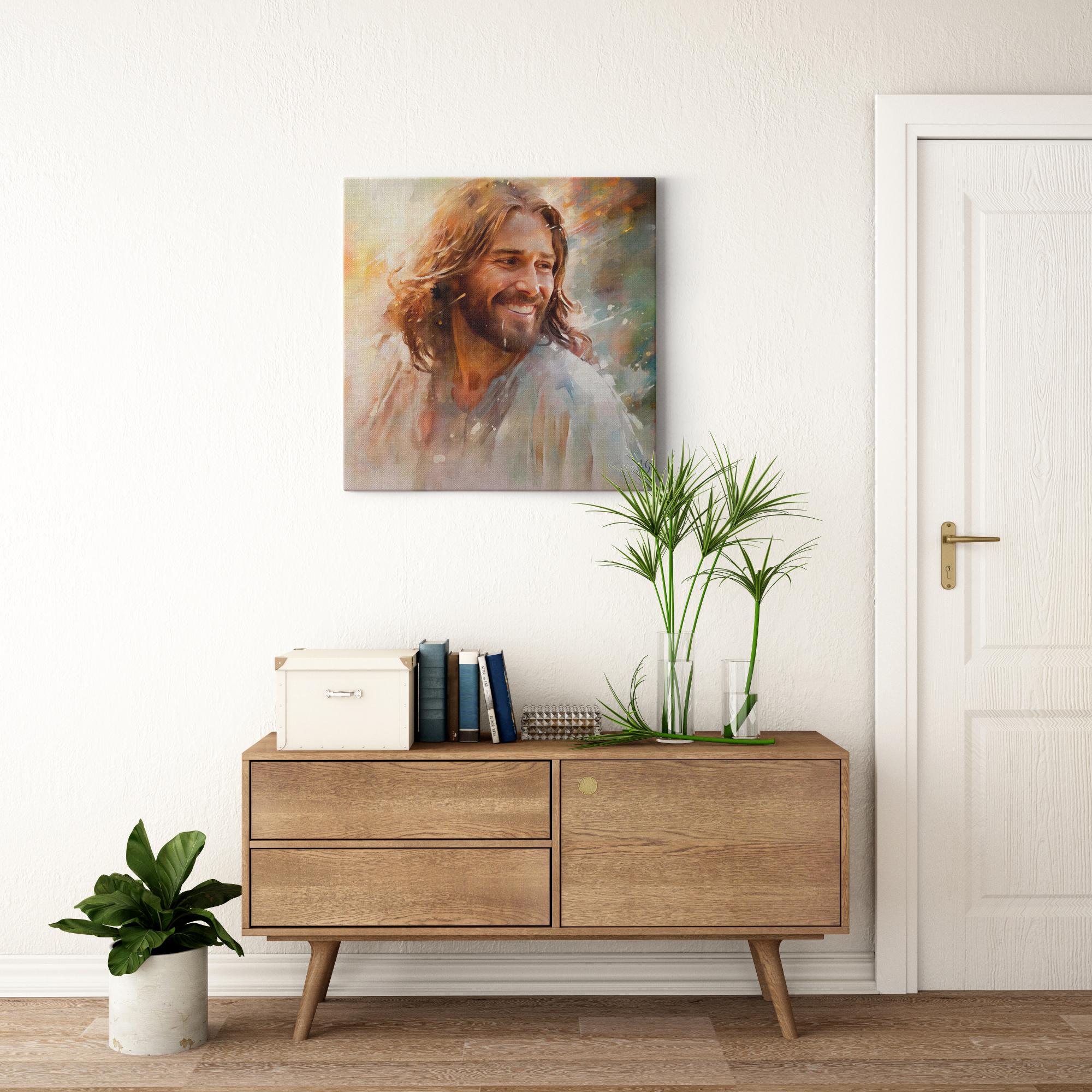 Jesus - Dawn's Gentle Embrace artwork detail - smiling Jesus painting wall art