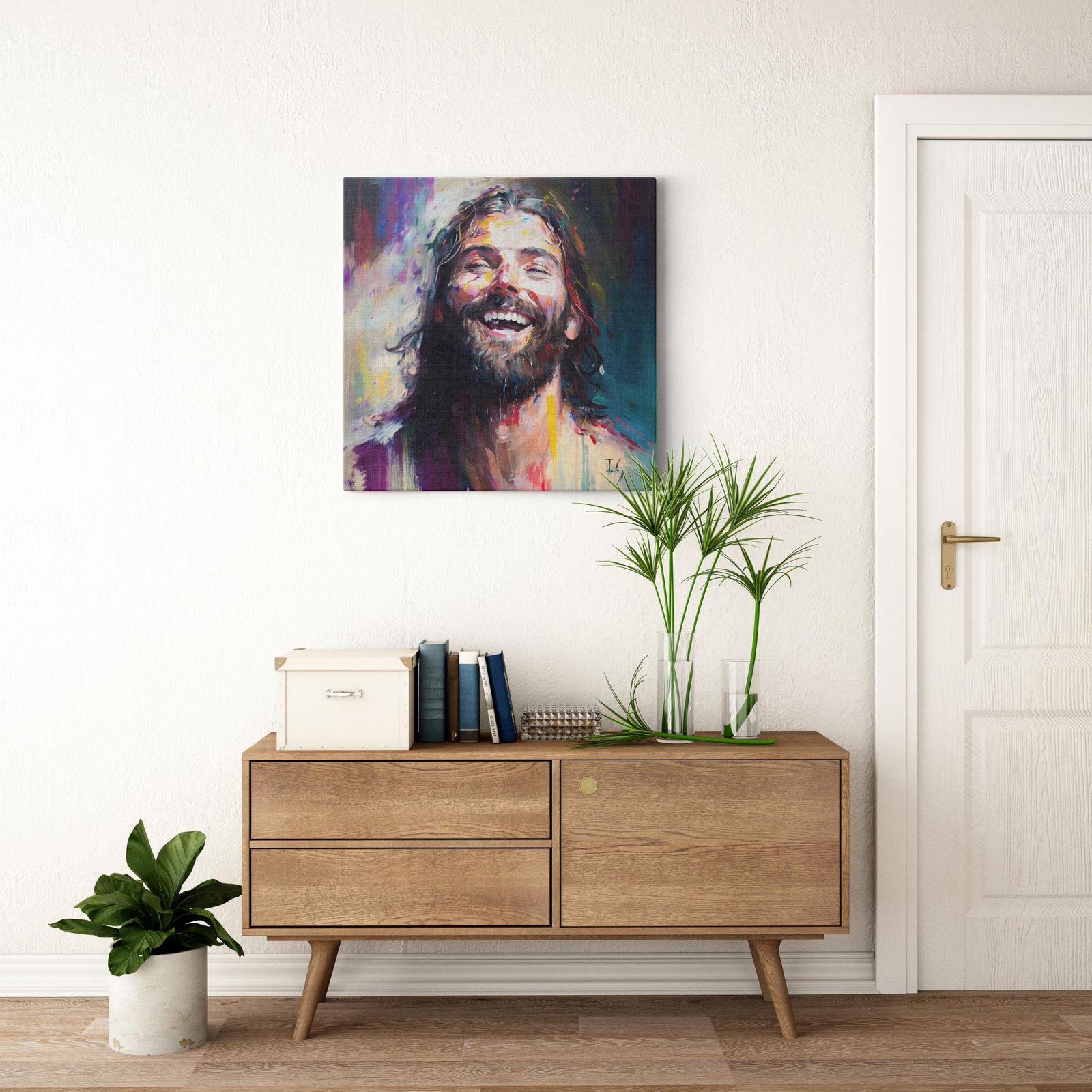 Jesus- Celestial Laughter artwork detail - smiling Jesus painting wall art