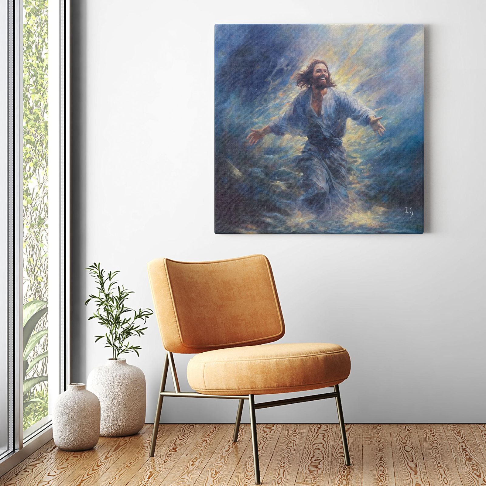 Calmly Conquering the Currents artwork detail - smiling Jesus painting wall art
