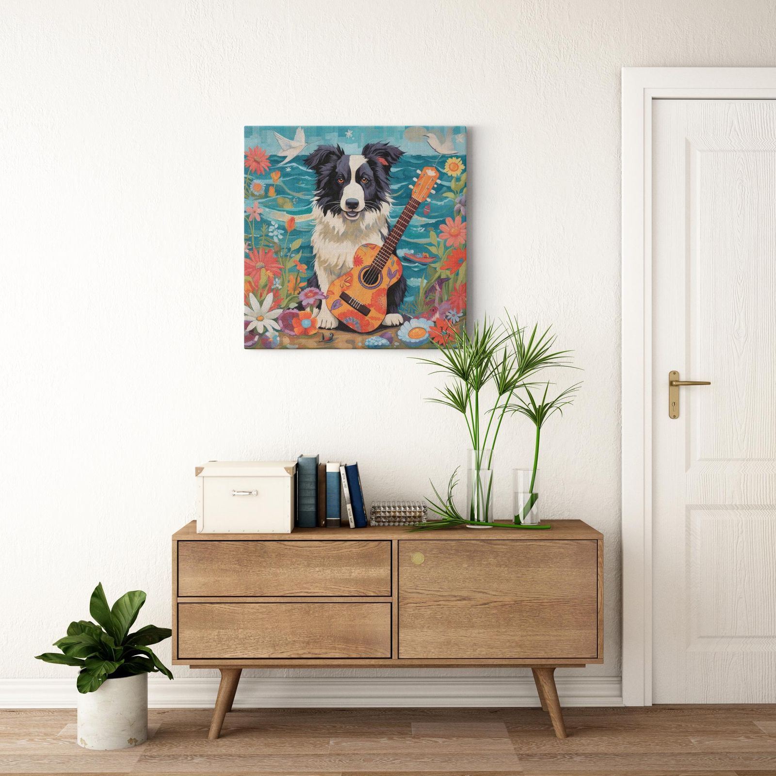 Beachside Collie Charm artwork detail - colorful pet portrait art wall art