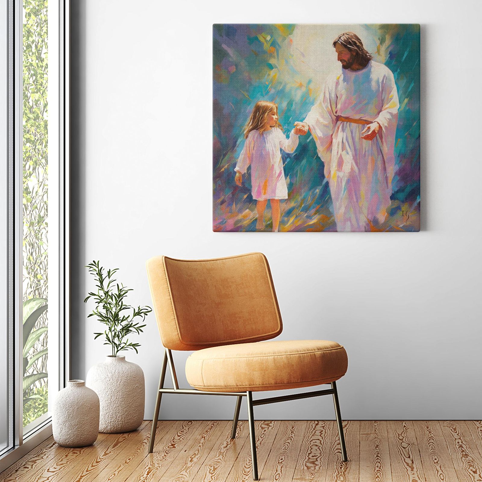 Guiding Light: A Serene Encounter artwork detail - smiling Jesus painting wall art