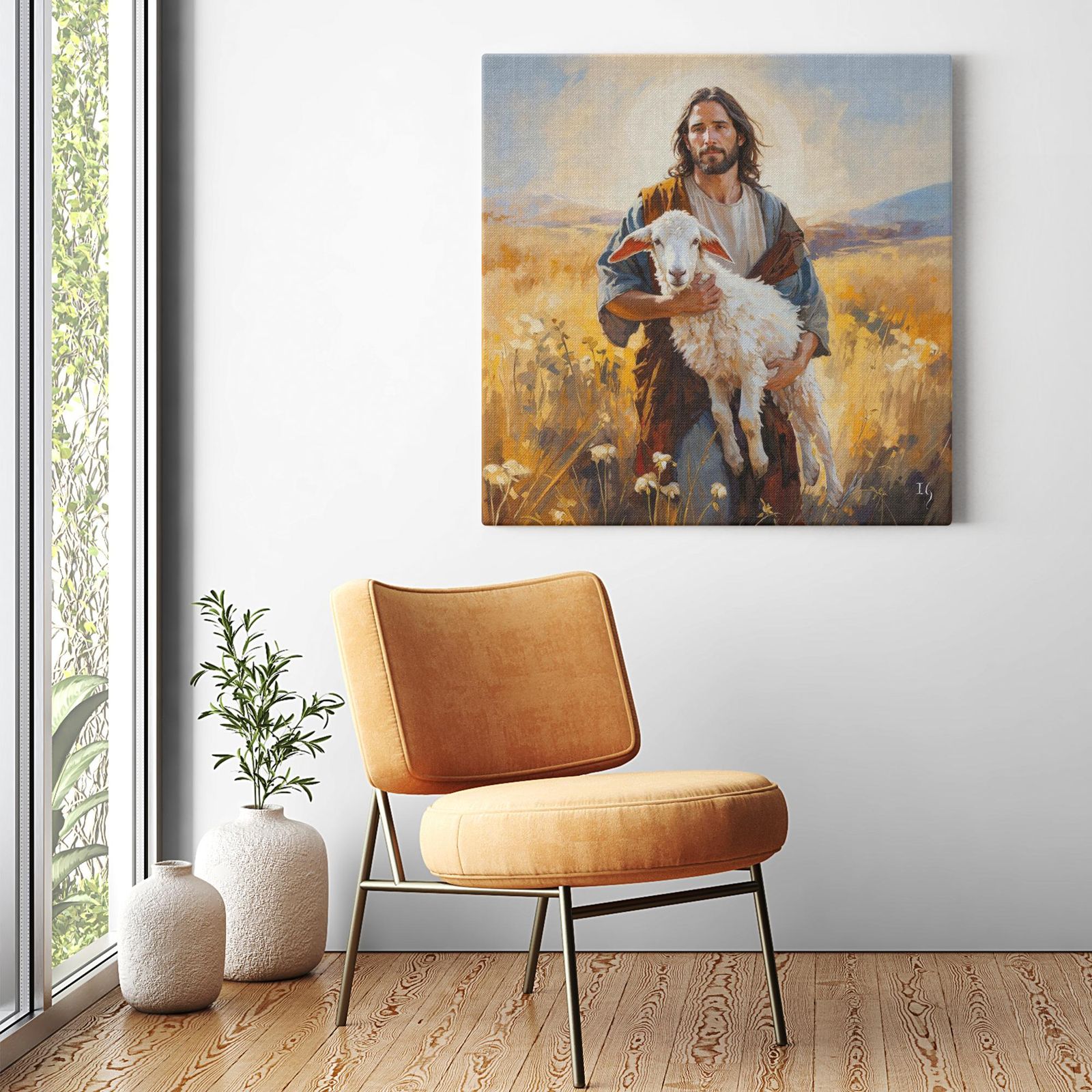 Jesus Embrace artwork detail - smiling Jesus painting wall art