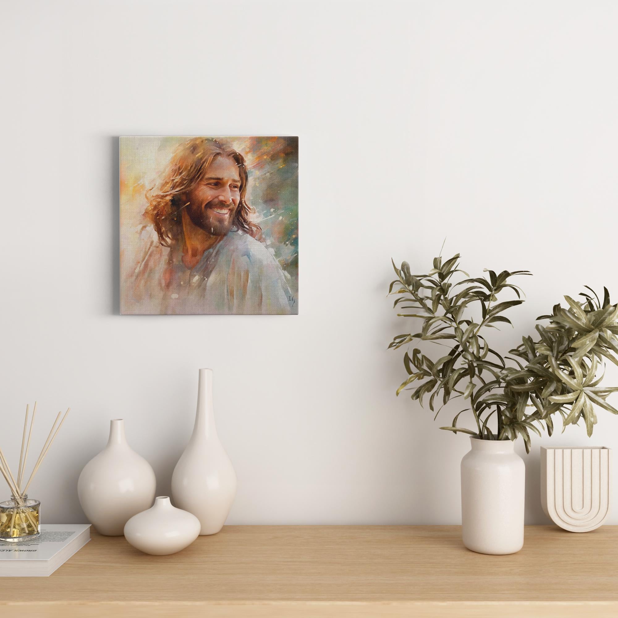 Jesus - Dawn's Gentle Embrace artwork detail - smiling Jesus painting wall art