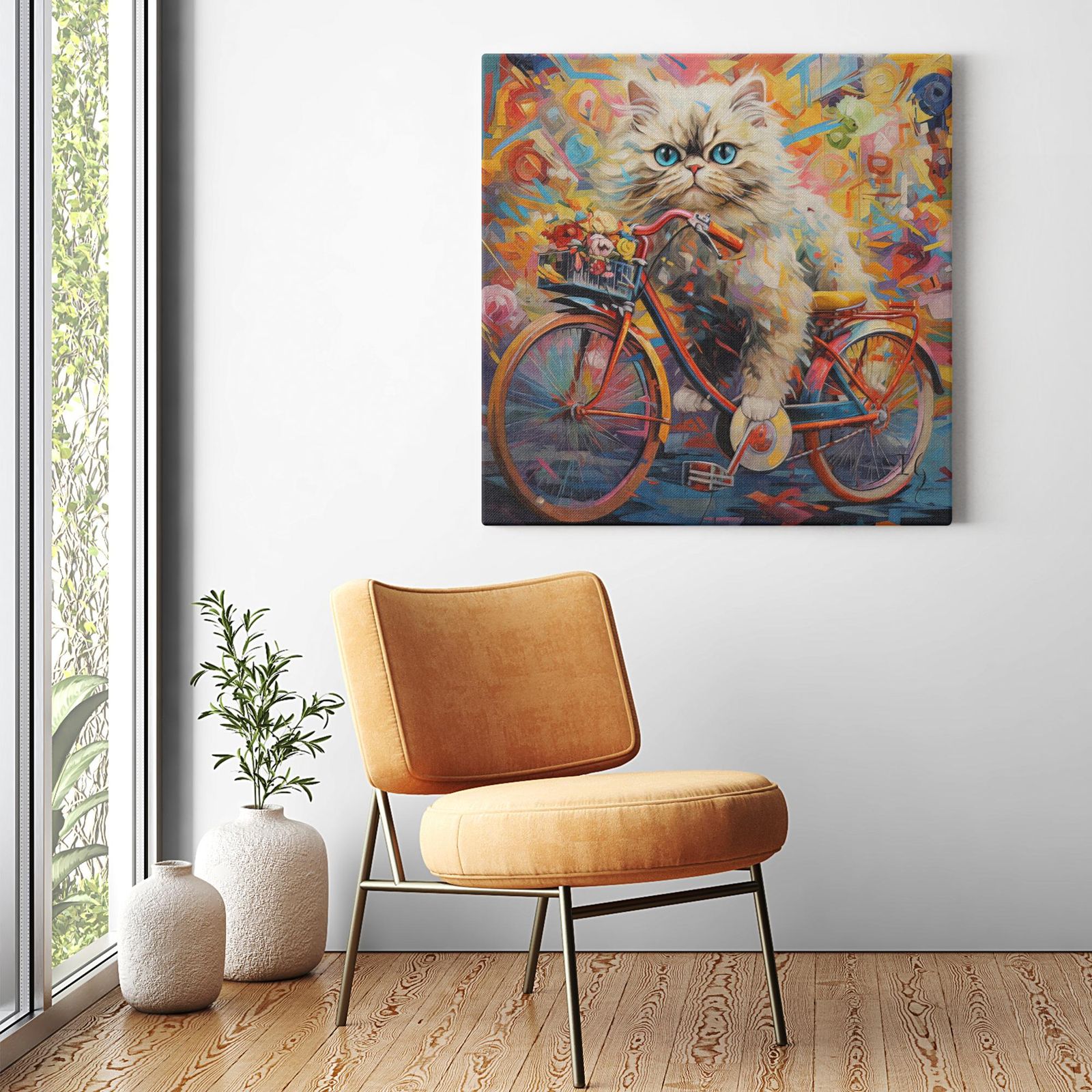 Kitten's Floral Ride artwork detail - colorful pet portrait art wall art