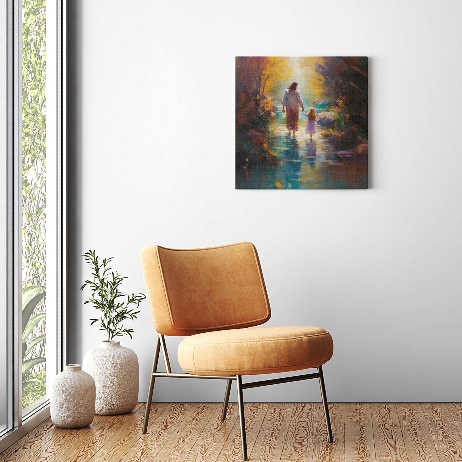 Autumn's Embrace: Walk of Whispers artwork detail - smiling Jesus painting wall art