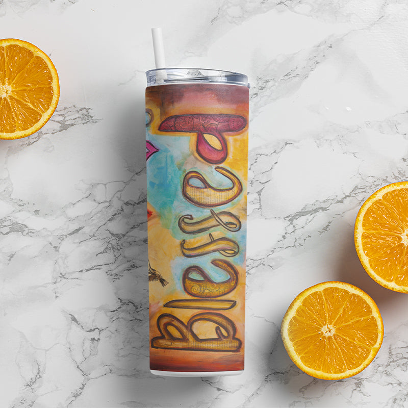 Blessed Skinny Tumblers canvas print in room setting - christian tumbler by Ivan Guaderrama