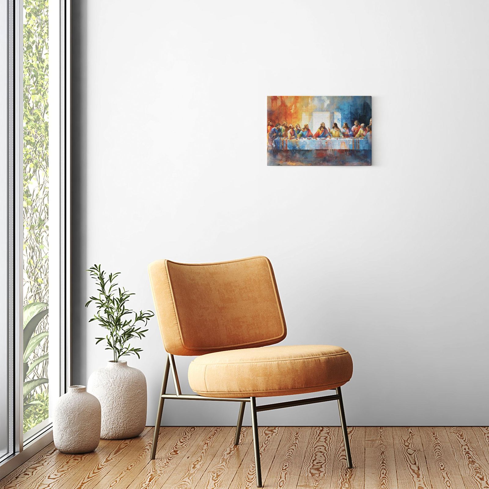 Last Supper - Communion in Color artwork detail - smiling Jesus painting wall art