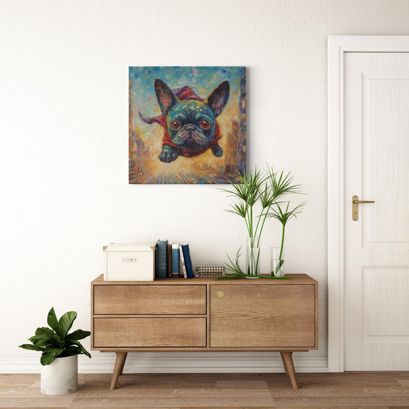 Flight of the Furry Hero artwork detail - colorful pet portrait art wall art