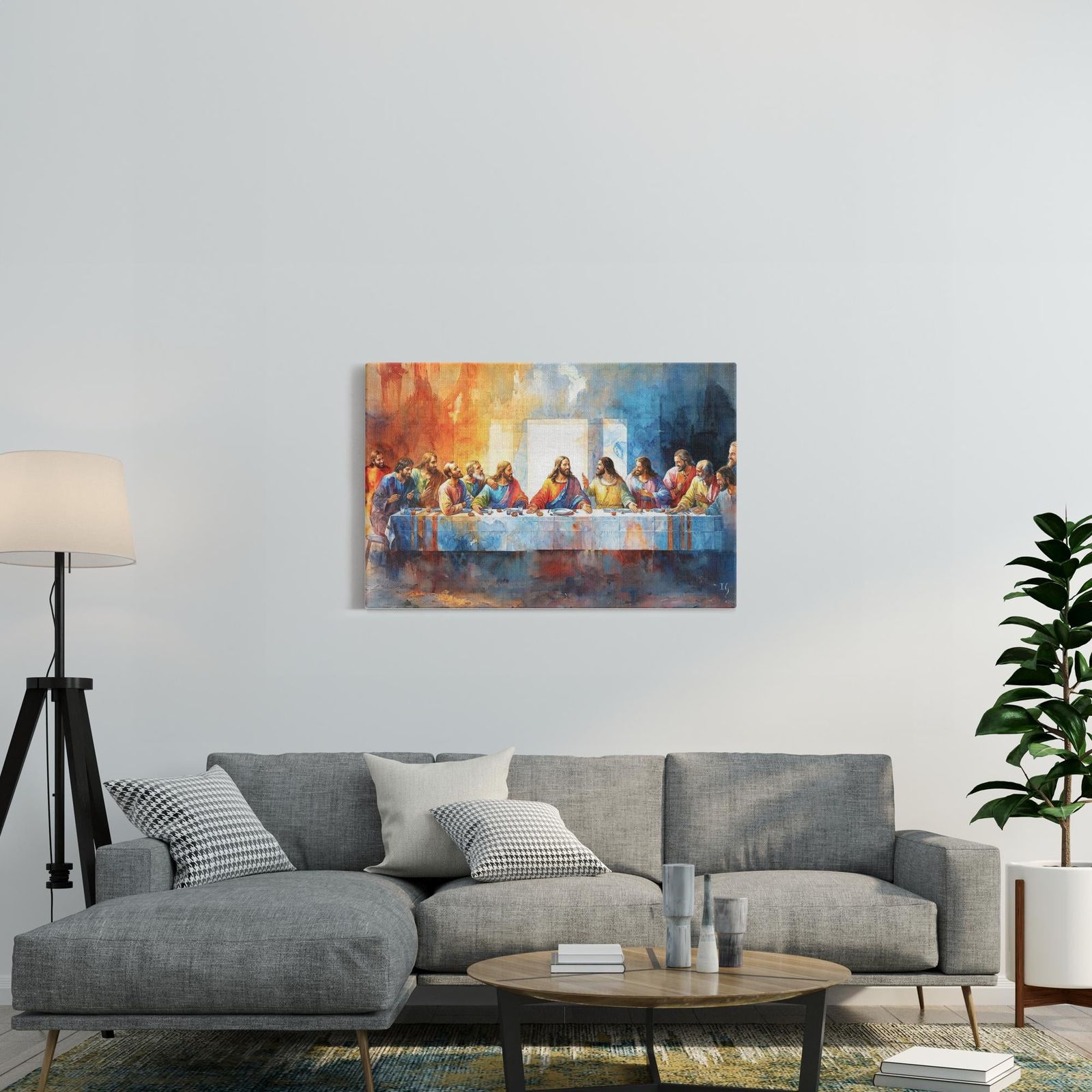 Last Supper - Communion in Color artwork detail - smiling Jesus painting wall art