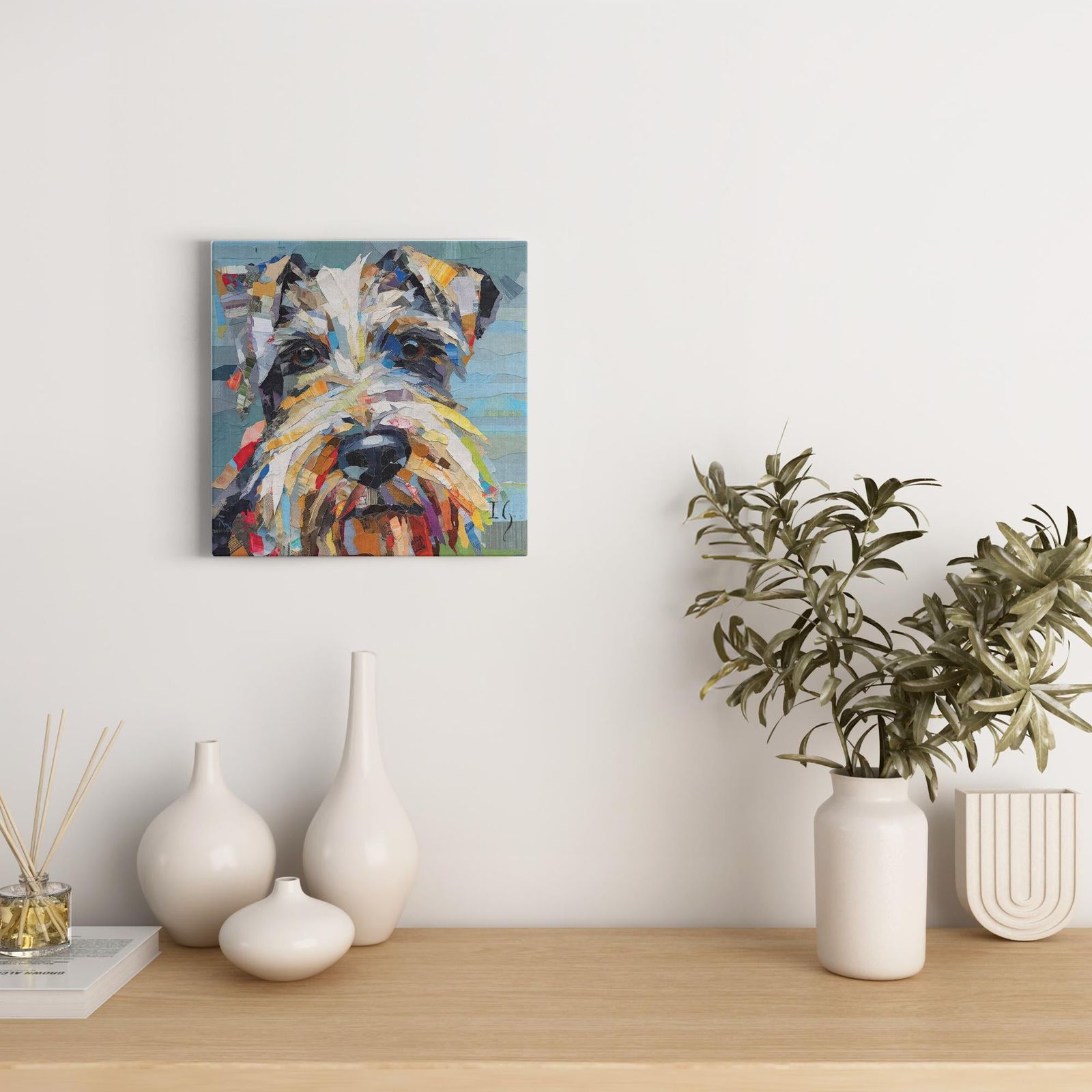 Paper Schnauzer Portrait artwork detail - colorful pet portrait art wall art