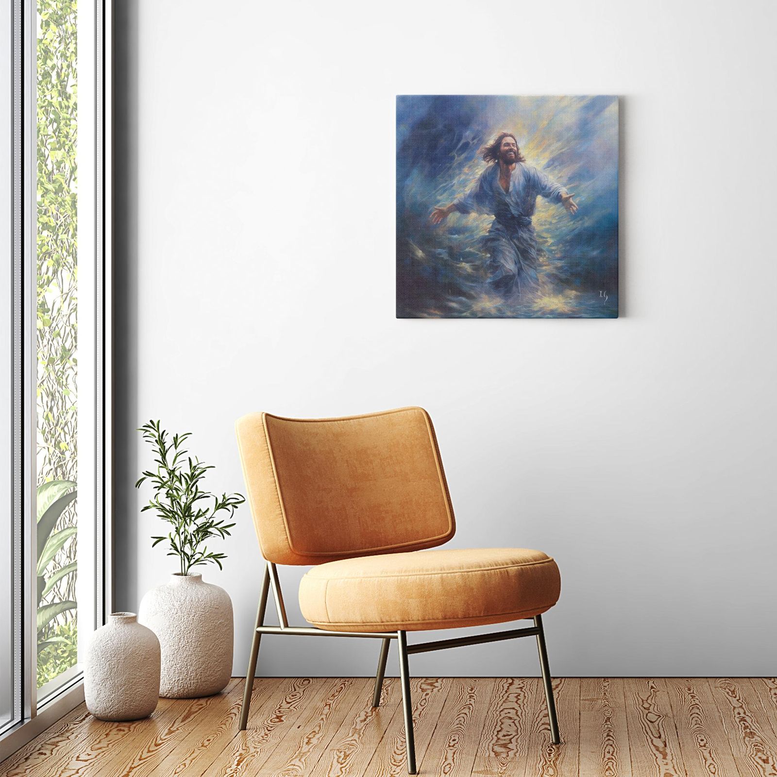 Calmly Conquering the Currents artwork detail - smiling Jesus painting wall art