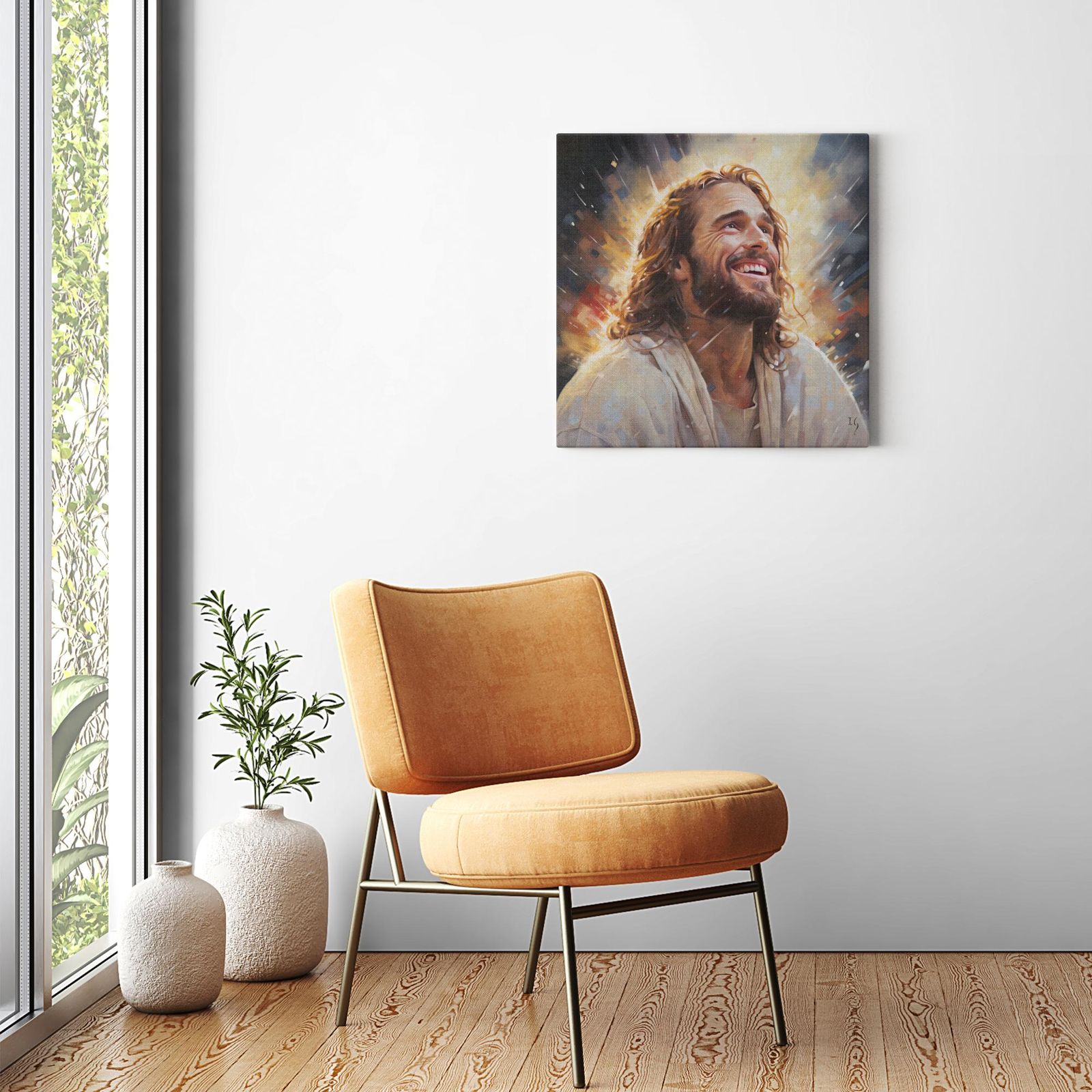 Jesus - Radiant Embrace artwork detail - smiling Jesus painting wall art