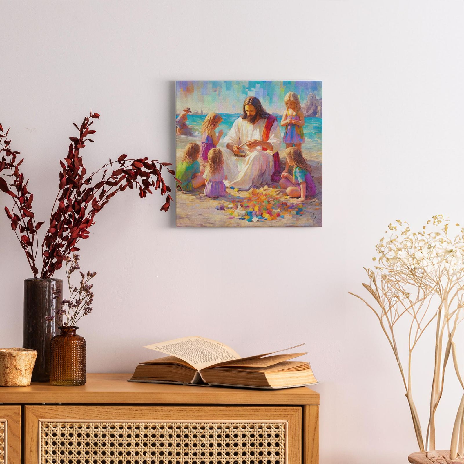 Sands of Serenity: Joyful Teachings artwork detail - smiling Jesus painting wall art