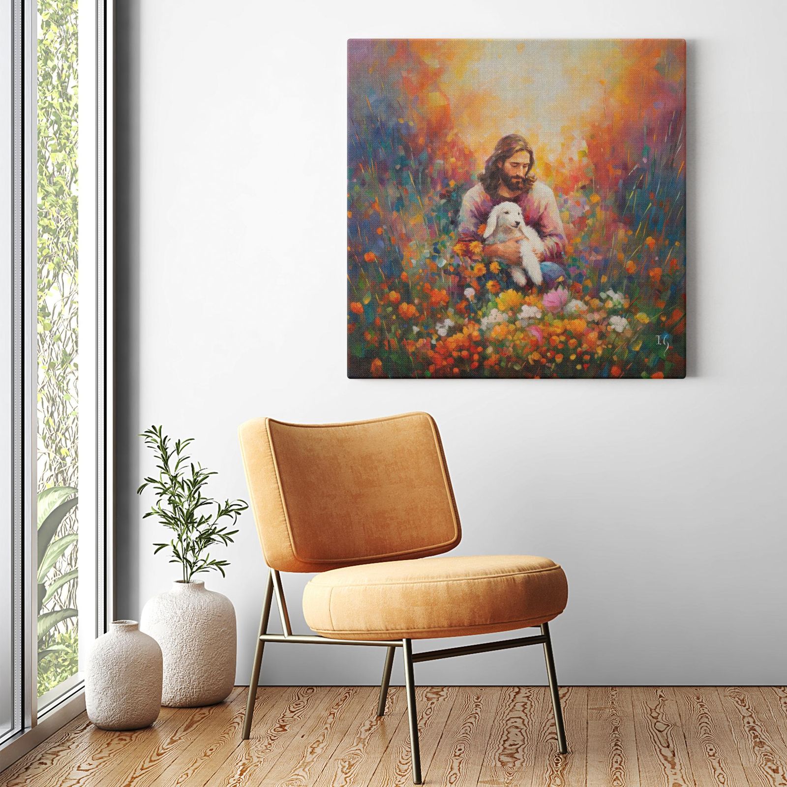 Jesus in the Midst of Serenity artwork detail - smiling Jesus painting wall art