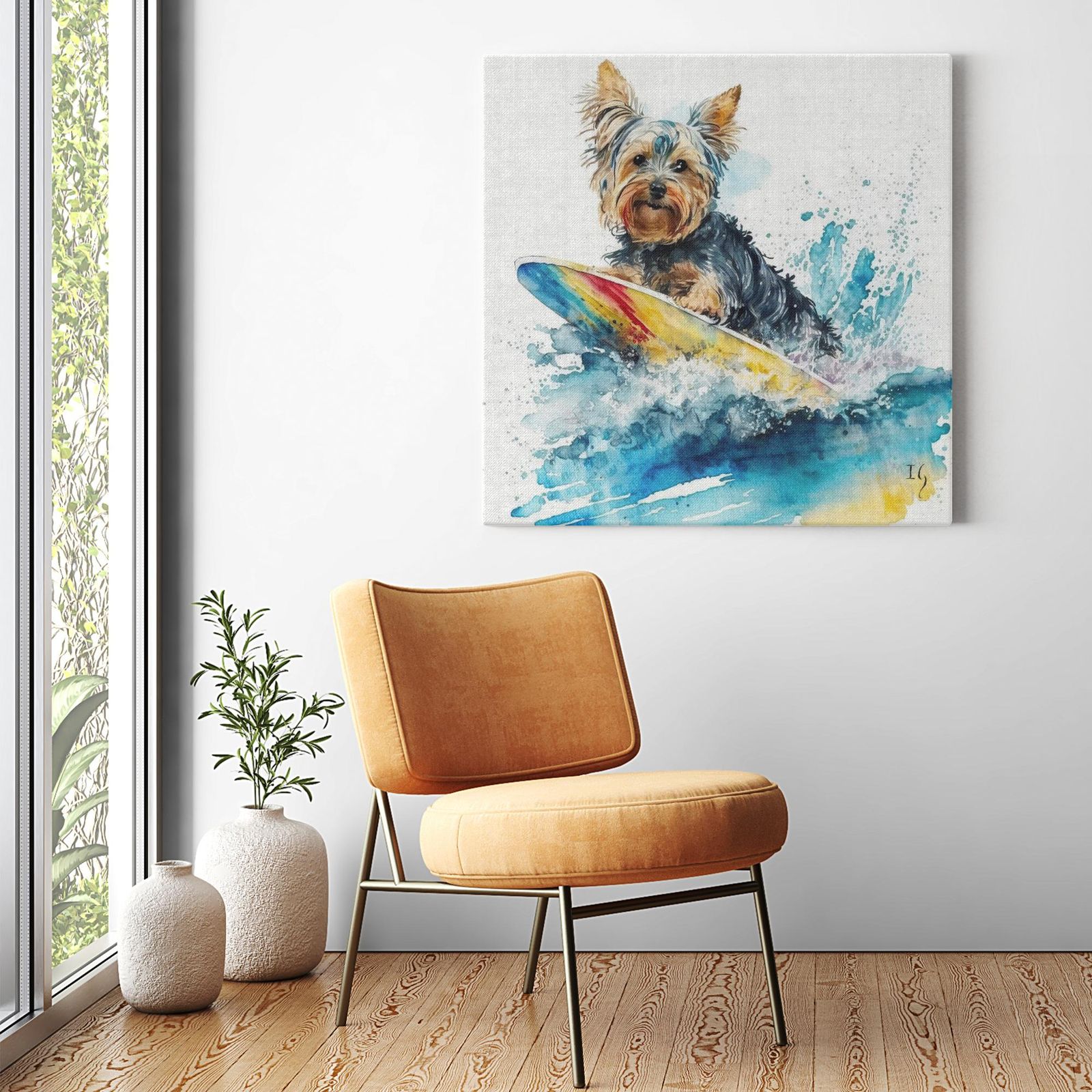 Surfs Up, Terrier Style! artwork detail - colorful pet portrait art wall art