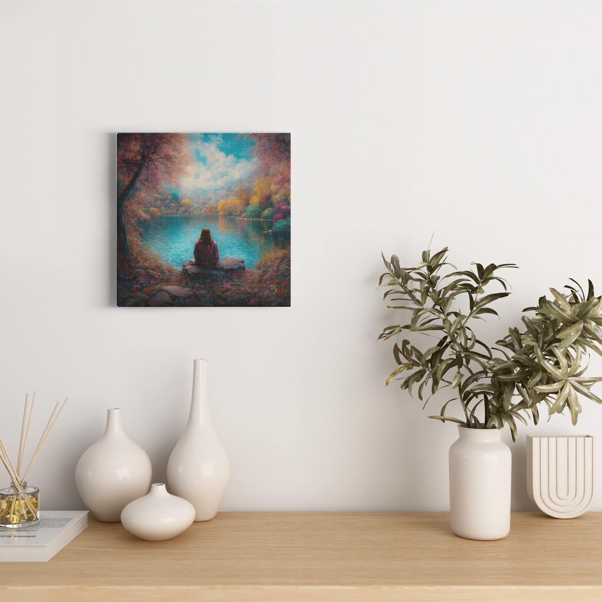 Jesus; Tranquility Embodied on Water artwork detail - smiling Jesus painting wall art