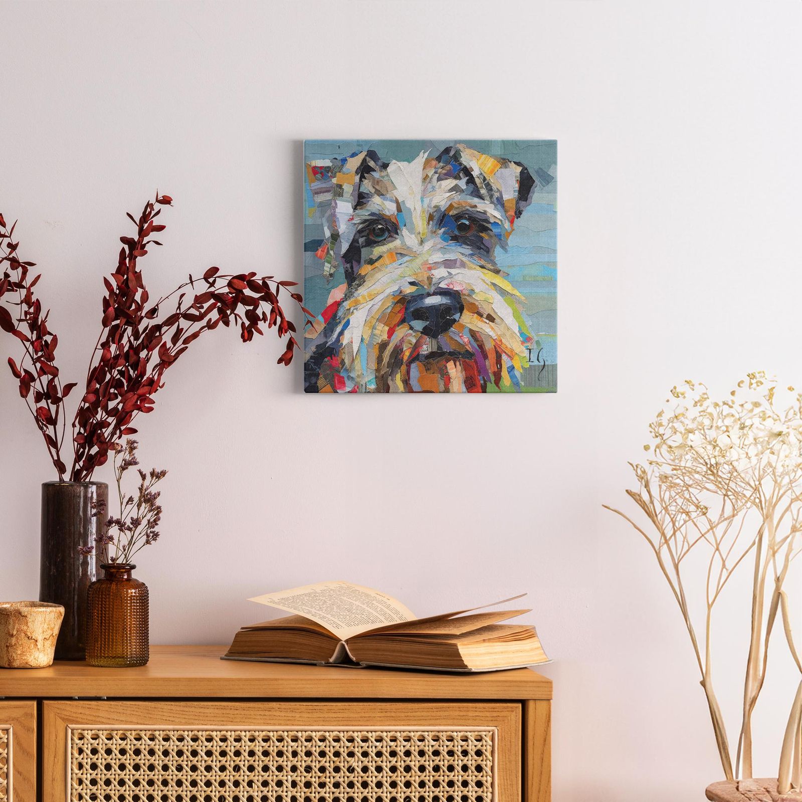 Paper Schnauzer Portrait artwork detail - colorful pet portrait art wall art