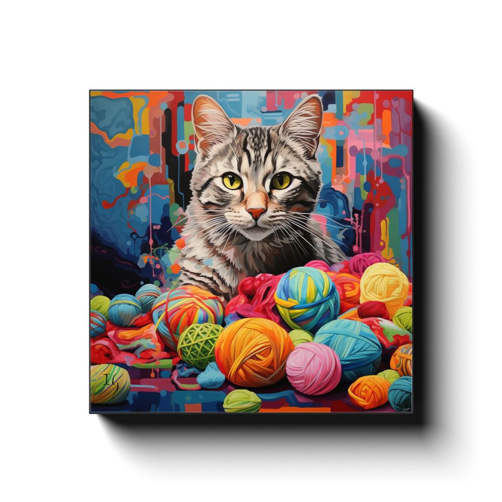 Kaleidoscope Kitty canvas print in room setting - pet portrait art by Ivan Guaderrama