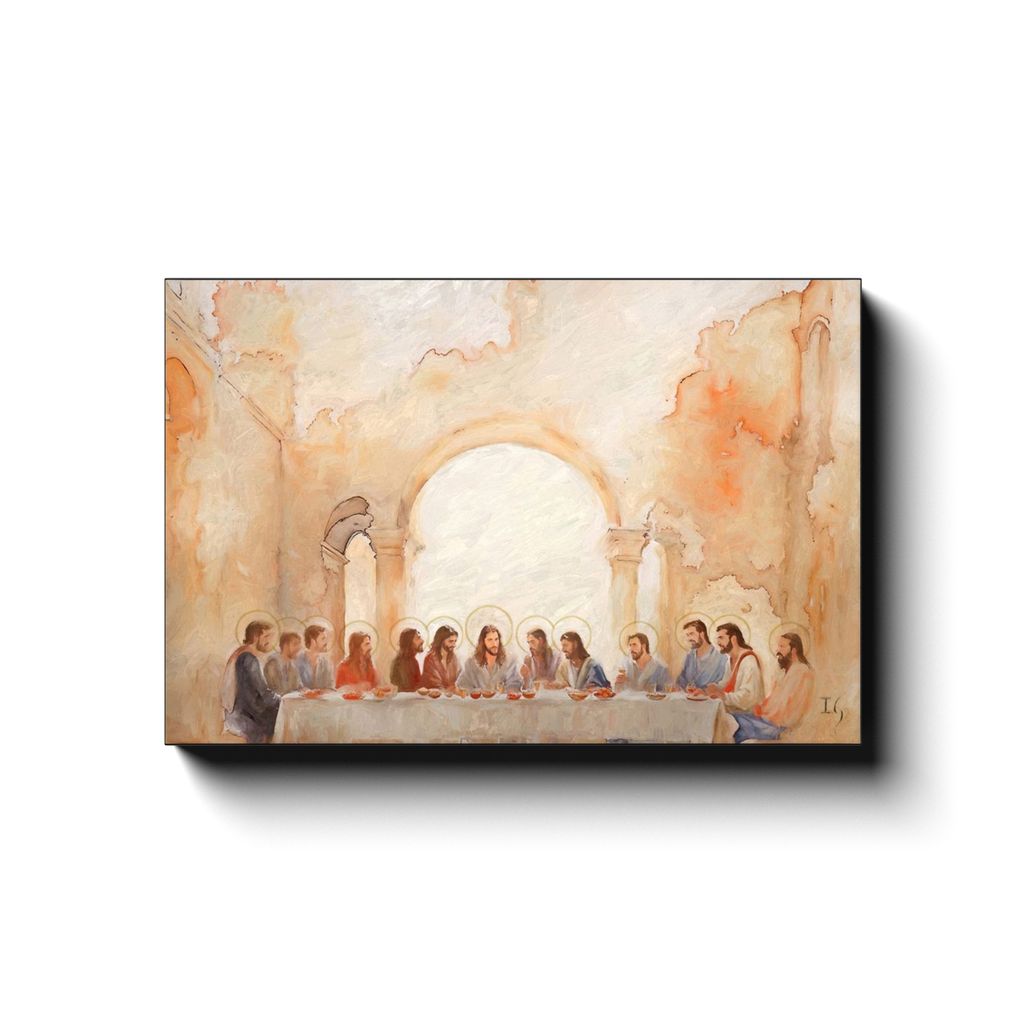 Last Supper Landscape - Celestial Light canvas print in room setting - smiling jesus by Ivan Guaderrama