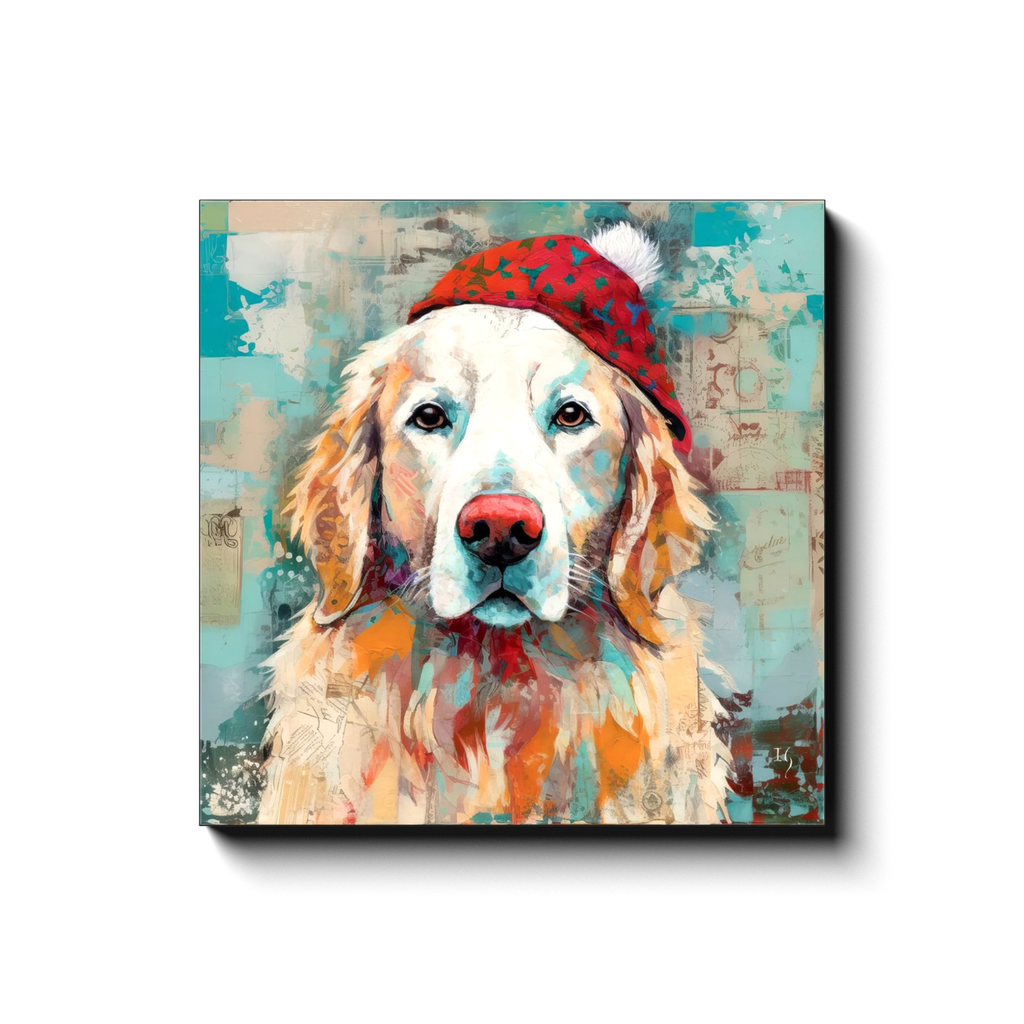 Golden Wonder with a Dash of Red canvas print in room setting - pet portrait art by Ivan Guaderrama