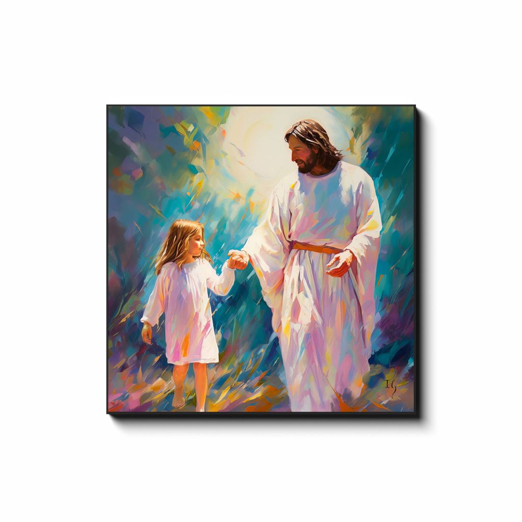 Guiding Light: A Serene Encounter — smiling Jesus painting illuminating the path with divine presence, contemporary Christian wall art by Ivan Guaderrama