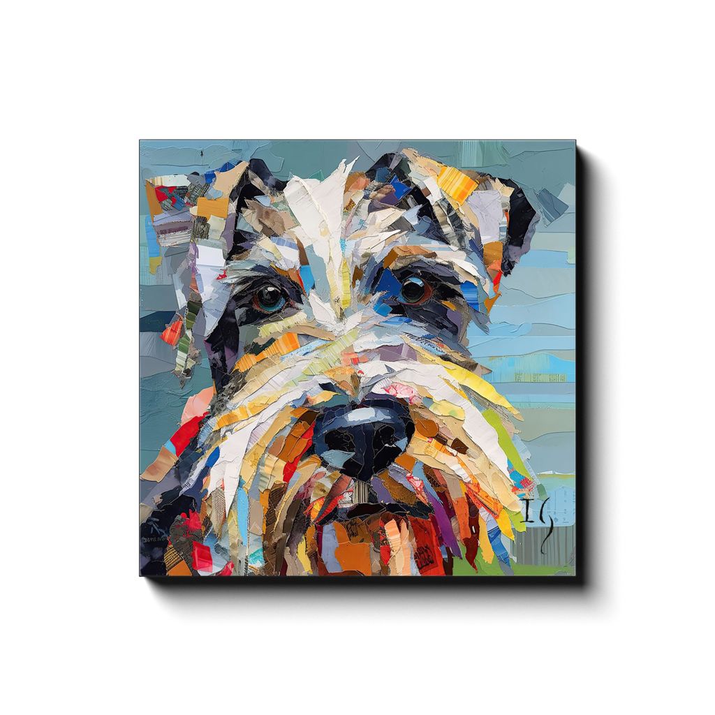 Paper Schnauzer Portrait canvas print in room setting - pet portrait art by Ivan Guaderrama