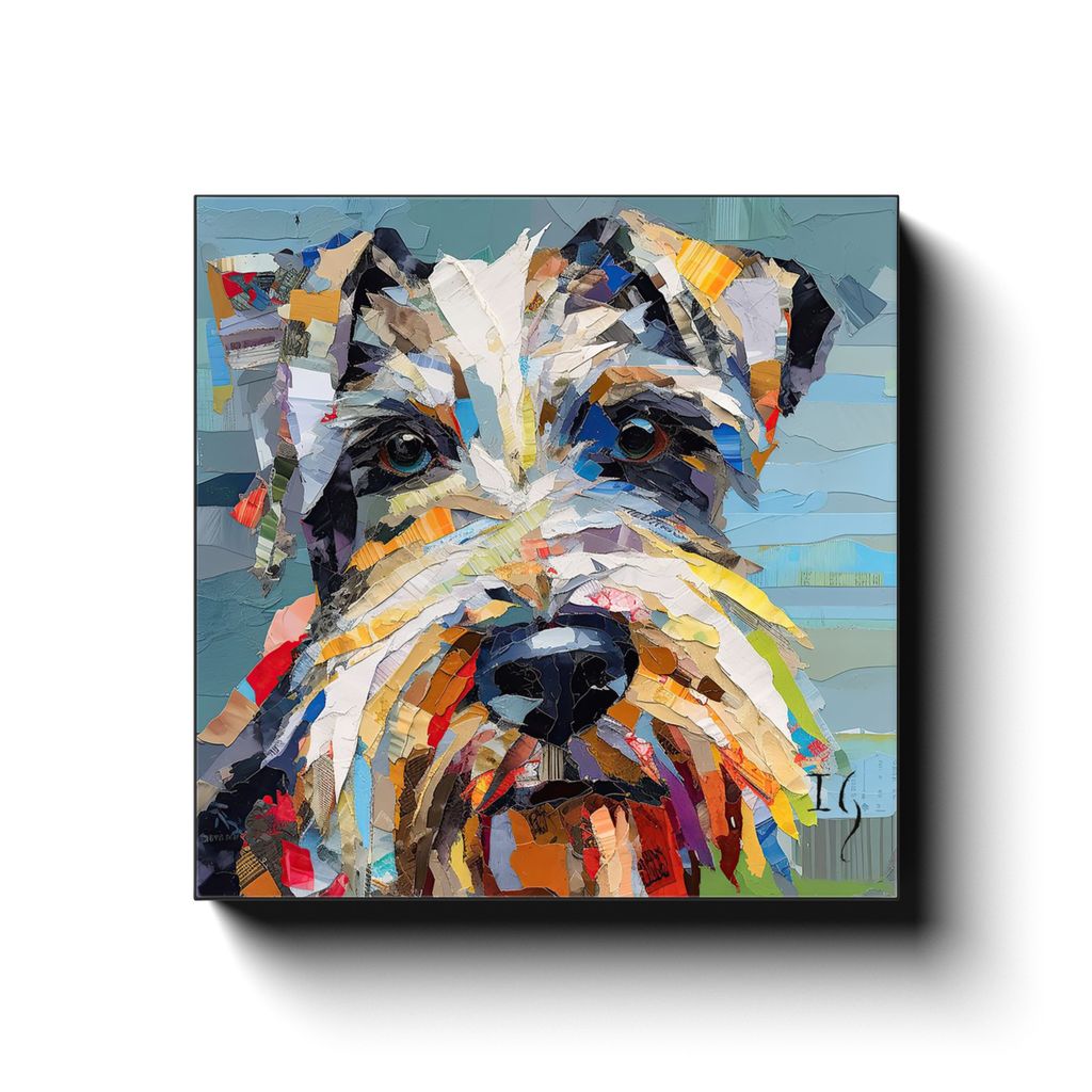 Paper Schnauzer Portrait canvas print in room setting - pet portrait art by Ivan Guaderrama