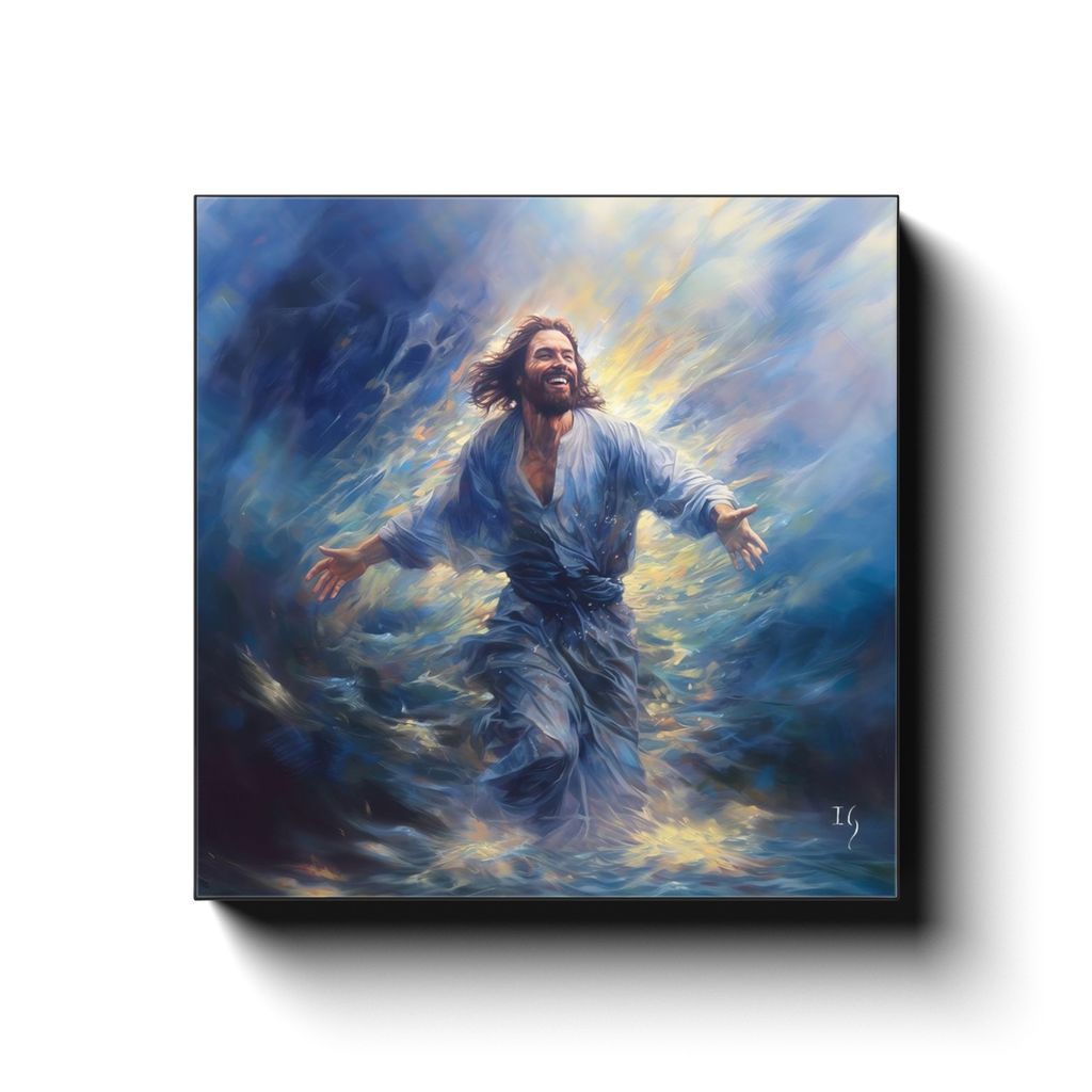 Calmly Conquering the Currents canvas print in room setting - smiling jesus by Ivan Guaderrama