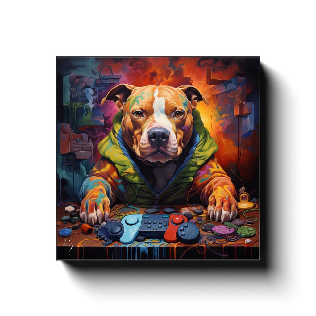 Techno-Artistic Canine canvas print in room setting - pet portrait art by Ivan Guaderrama