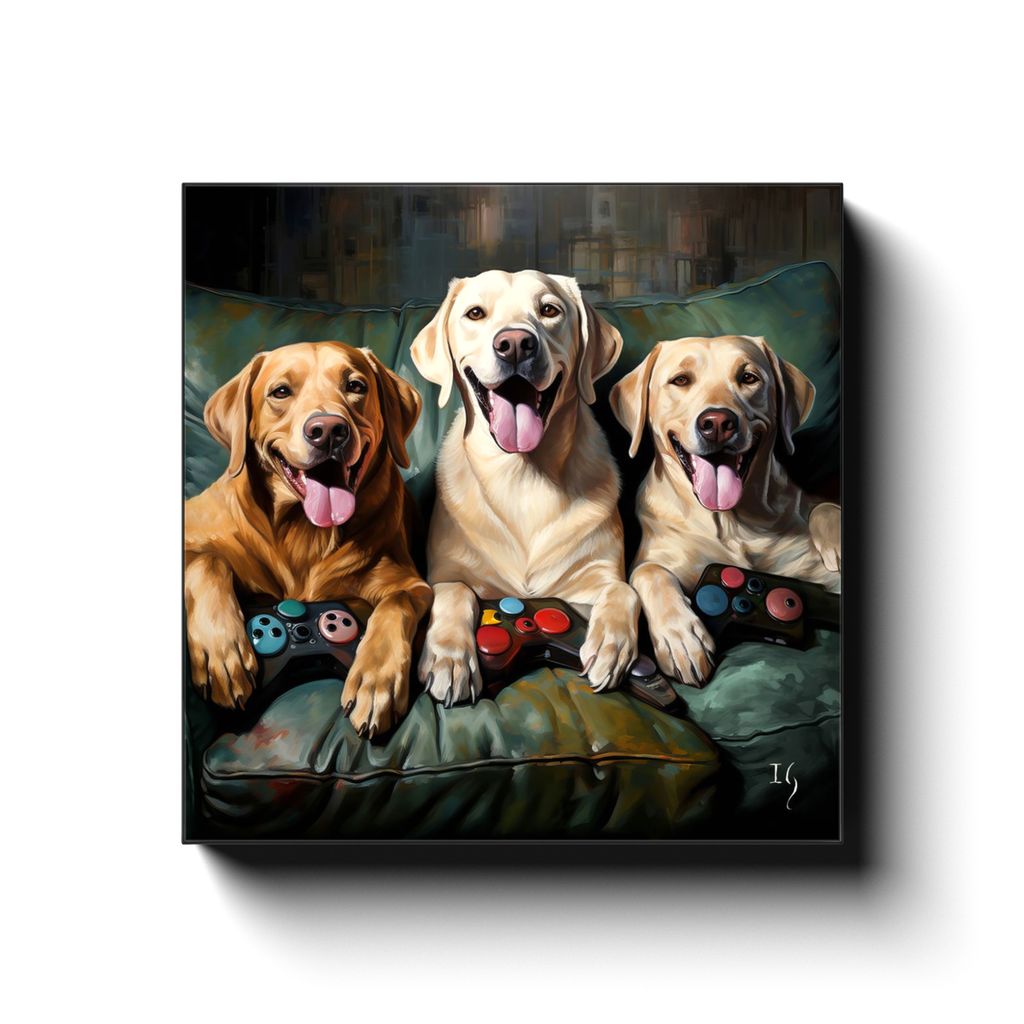 Golden Gaming Joy canvas print in room setting - pet portrait art by Ivan Guaderrama
