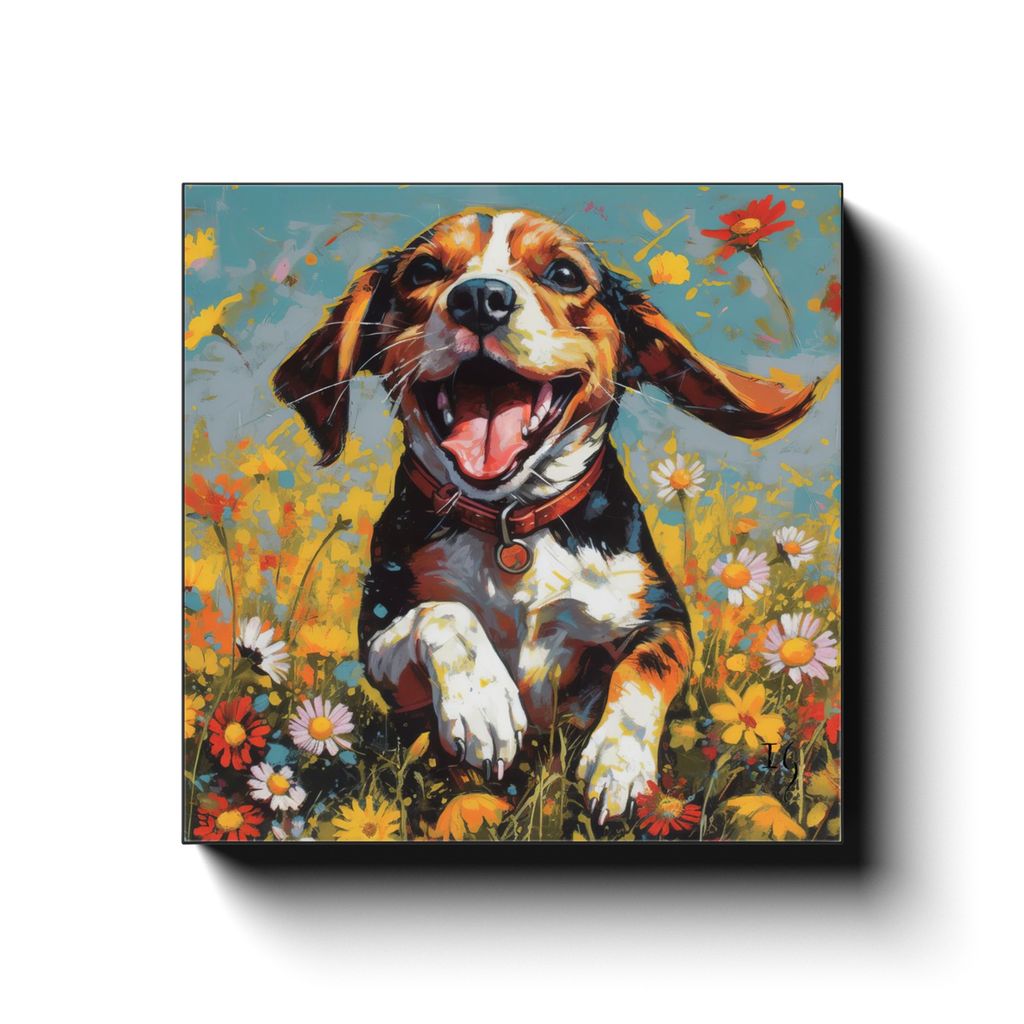 Daisy Field Frolic canvas print in room setting - pet portrait art by Ivan Guaderrama