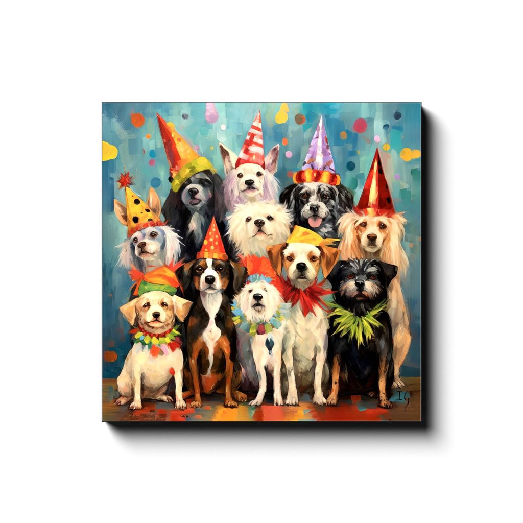 Canine Celebration canvas print in room setting - pet portrait art by Ivan Guaderrama