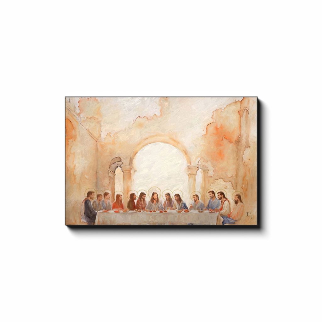 Last Supper Landscape - Celestial Light canvas print in room setting - smiling jesus by Ivan Guaderrama