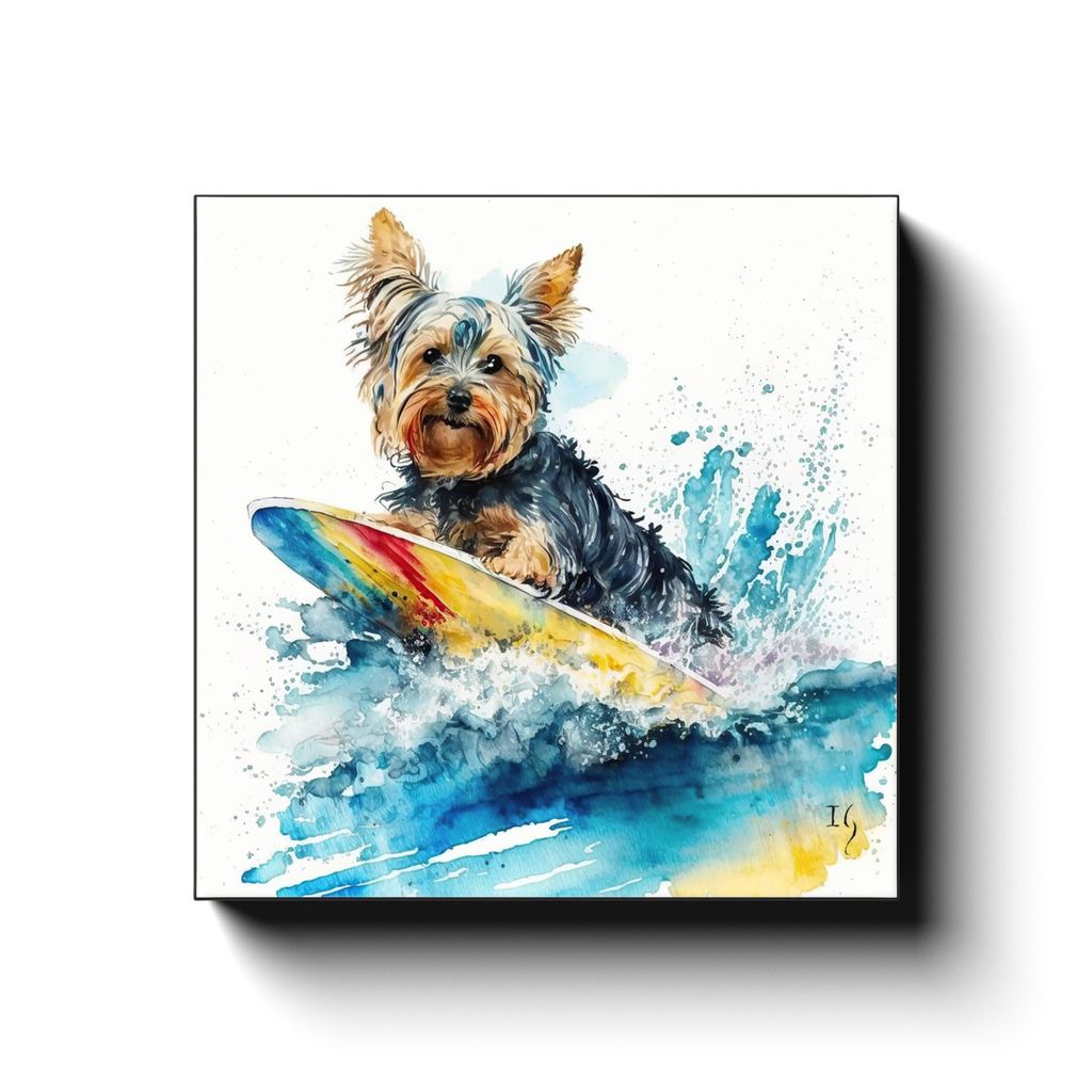 Surfs Up, Terrier Style! canvas print in room setting - pet portrait art by Ivan Guaderrama