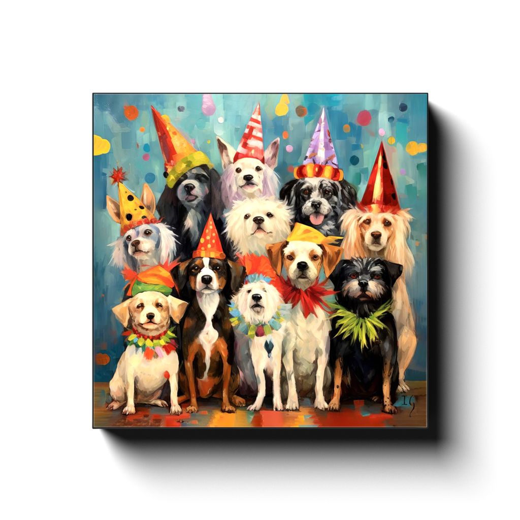 Canine Celebration canvas print in room setting - pet portrait art by Ivan Guaderrama