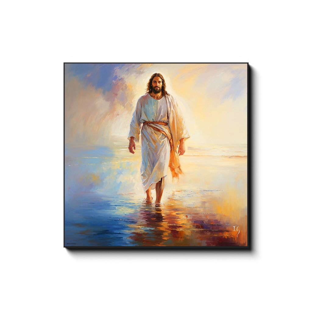 Reflections of Grace — smiling Jesus painting capturing moments of divine mercy and love, contemporary Christian wall art by Ivan Guaderrama